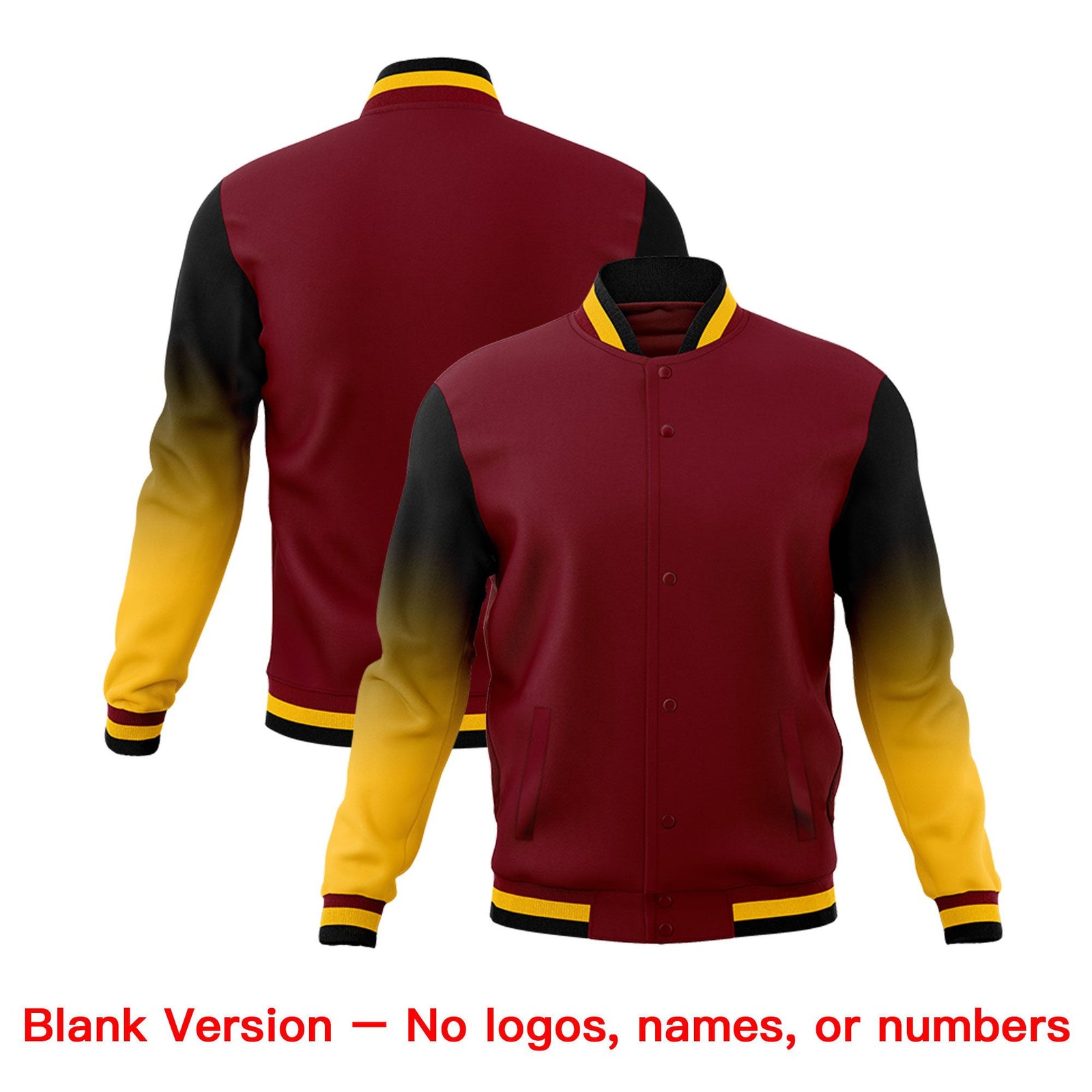 Custom Crimson Gold Black Full-Snap Varsity Raglan Sleeves Gradient Letterman Jacket