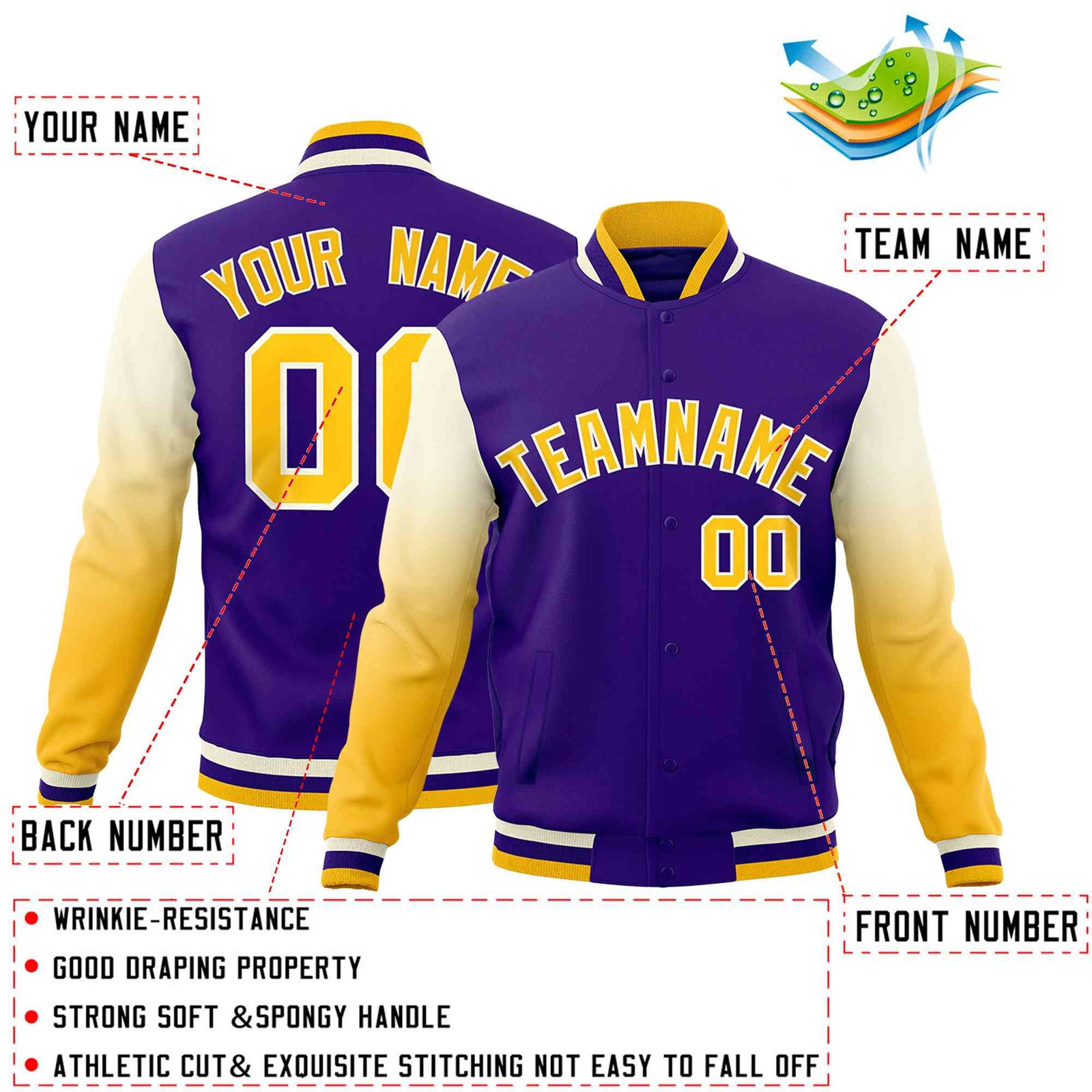 Custom Purple Gold White Full-Snap Varsity Raglan Sleeves Gradient Letterman Jacket