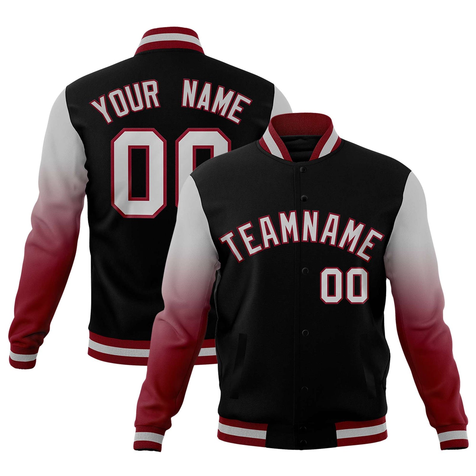 Custom Black Gray Crimson Full-Snap Varsity Raglan Sleeves Gradient Letterman Jacket