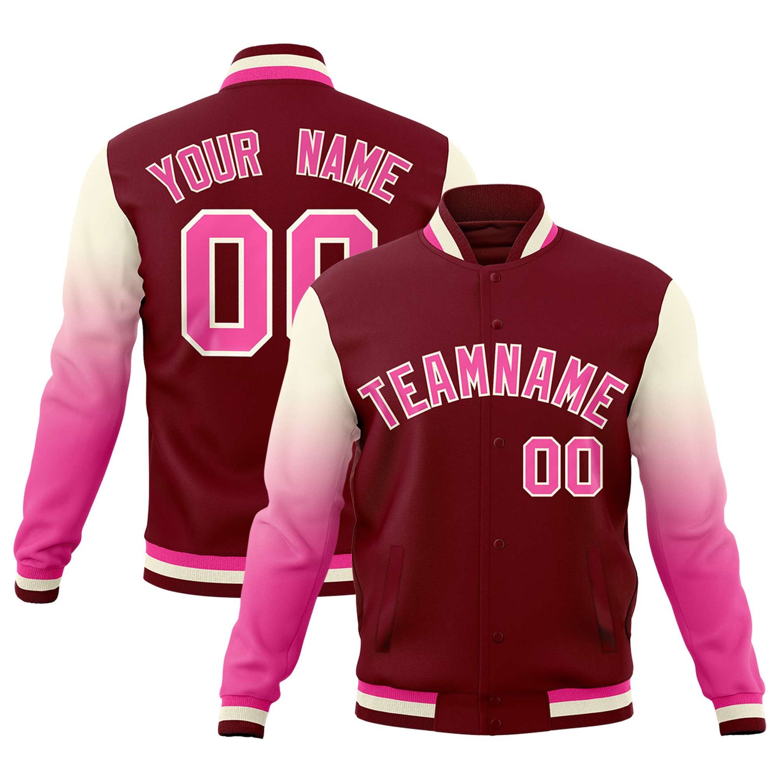 Custom Crimson Pink Cream Full-Snap Varsity Raglan Sleeves Gradient Letterman Jacket