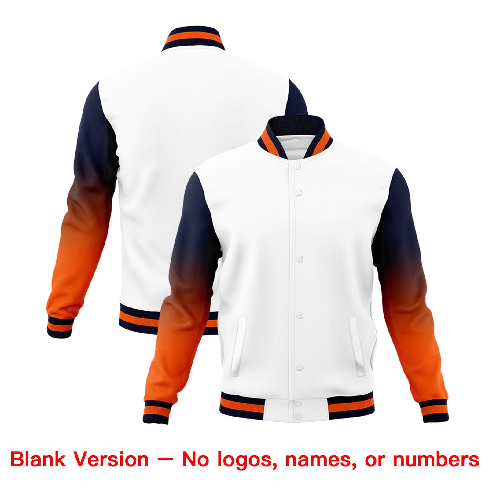 Custom White Orange Navy Full-Snap Varsity Raglan Sleeves Gradient Letterman Jacket| KXKSHOP