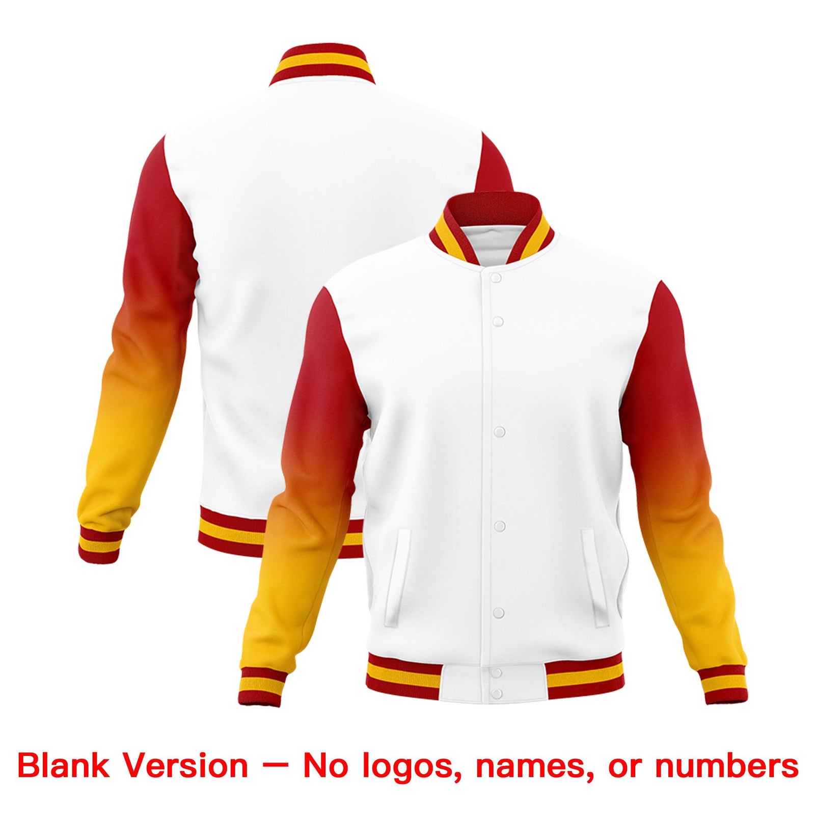 Custom White Red Gold Full-Snap Varsity Raglan Sleeves Gradient Letterman Jacket| KXKSHOP