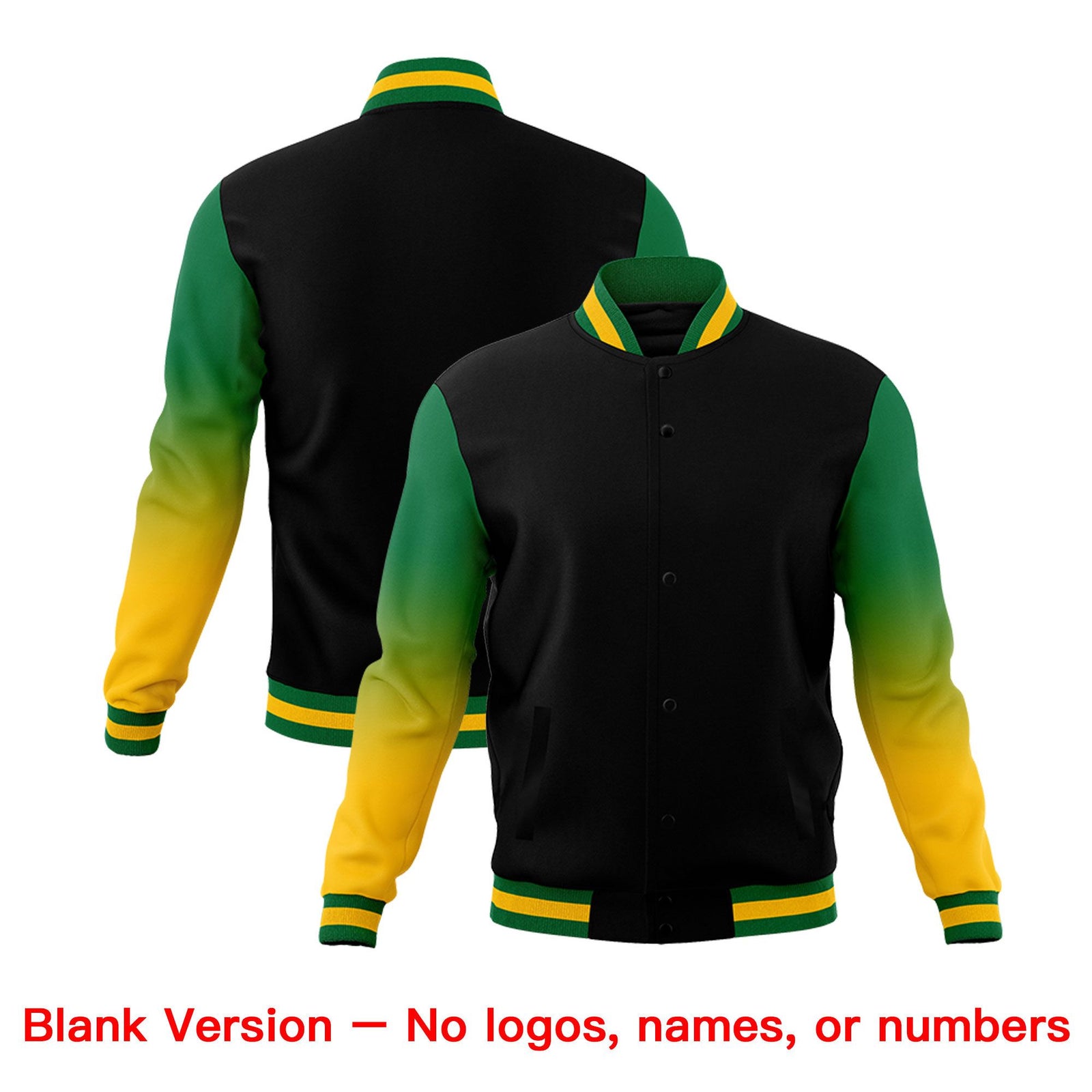 Custom Black Kelly Green Gold Full-Snap Varsity Raglan Sleeves Gradient Letterman Jacket| KXKSHOP