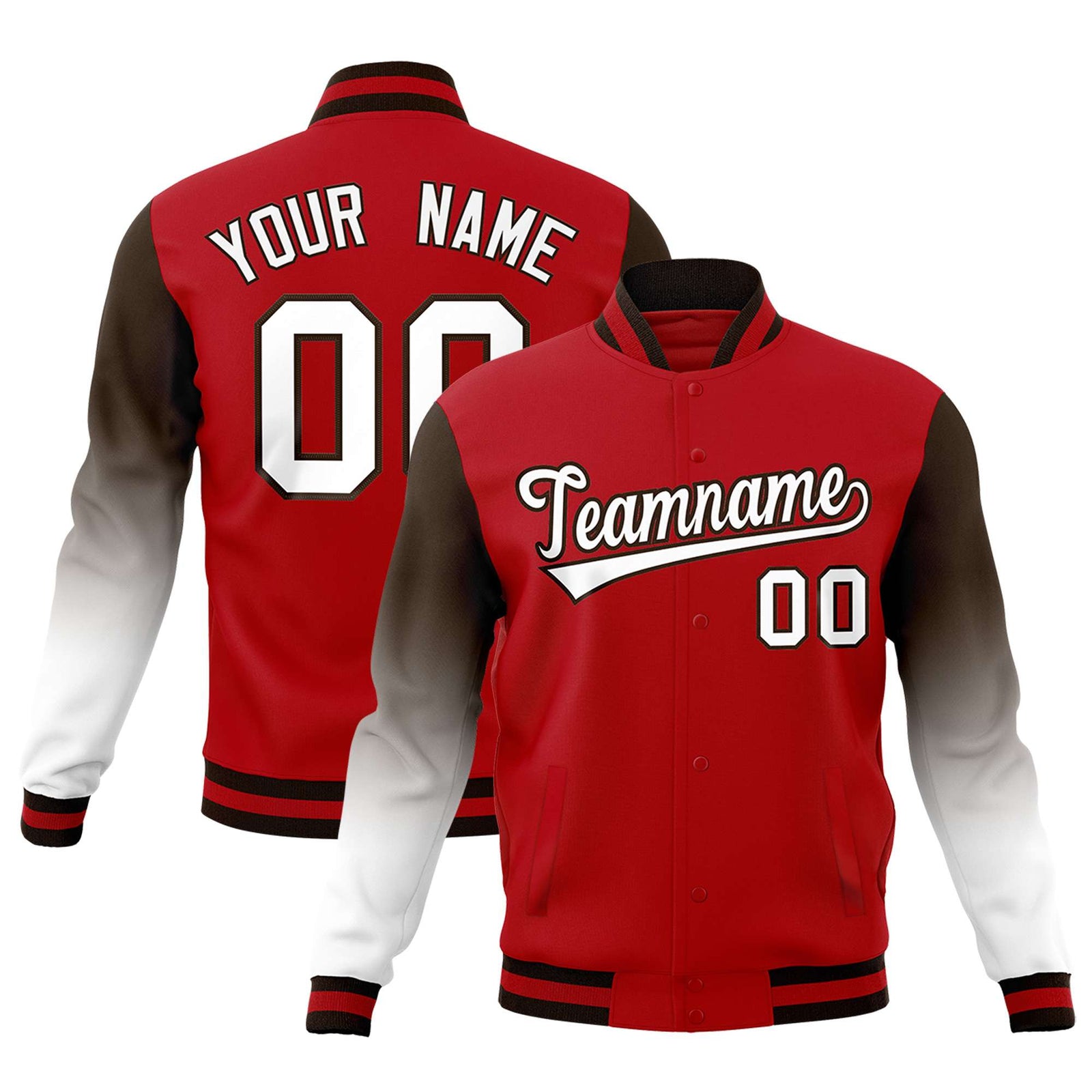 Custom Red White Brown Full-Snap Varsity Raglan Sleeves Gradient Letterman Jacket| KXKSHOP