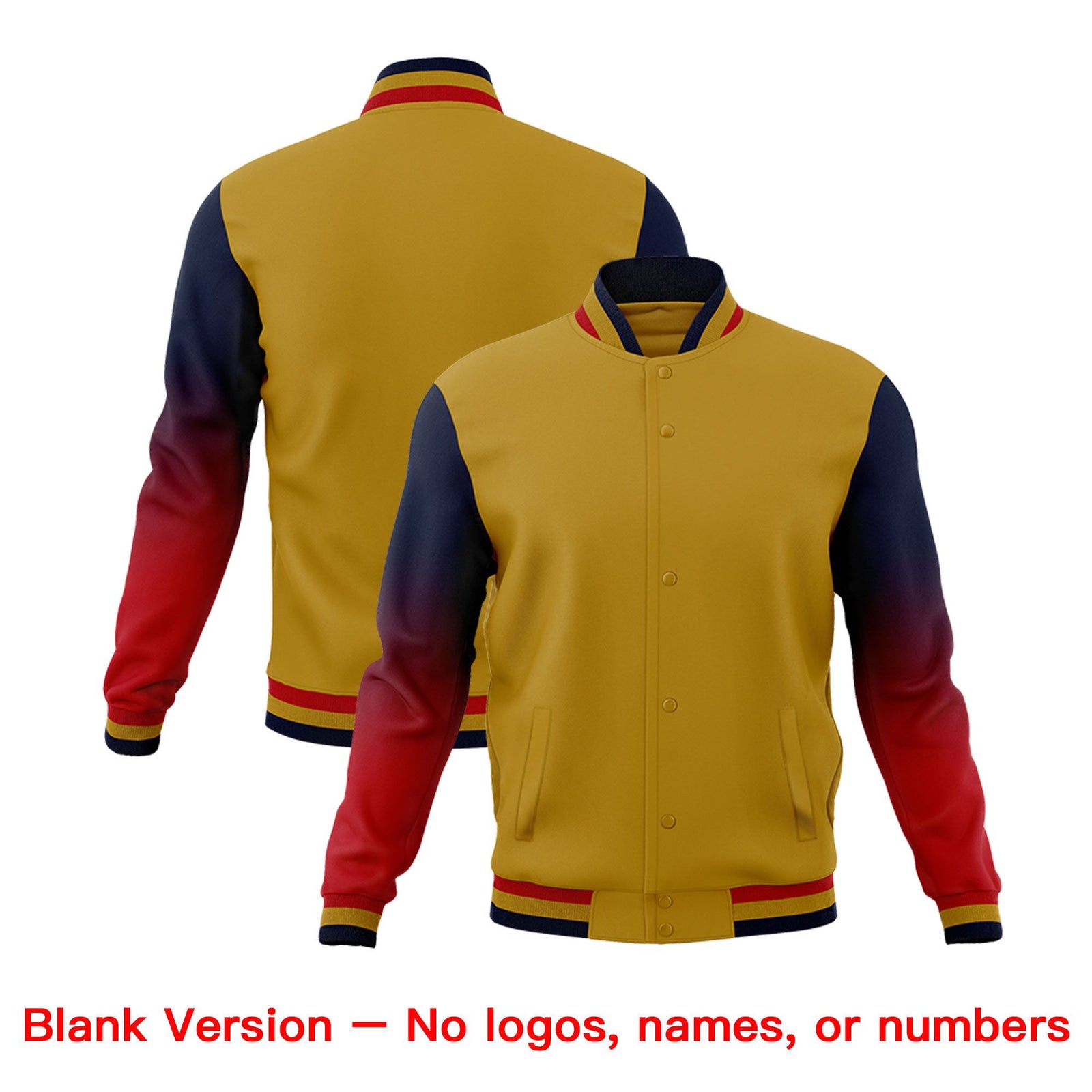 Custom Old Gold Red Navy Full-Snap Varsity Raglan Sleeves Gradient Letterman Jacket| KXKSHOP
