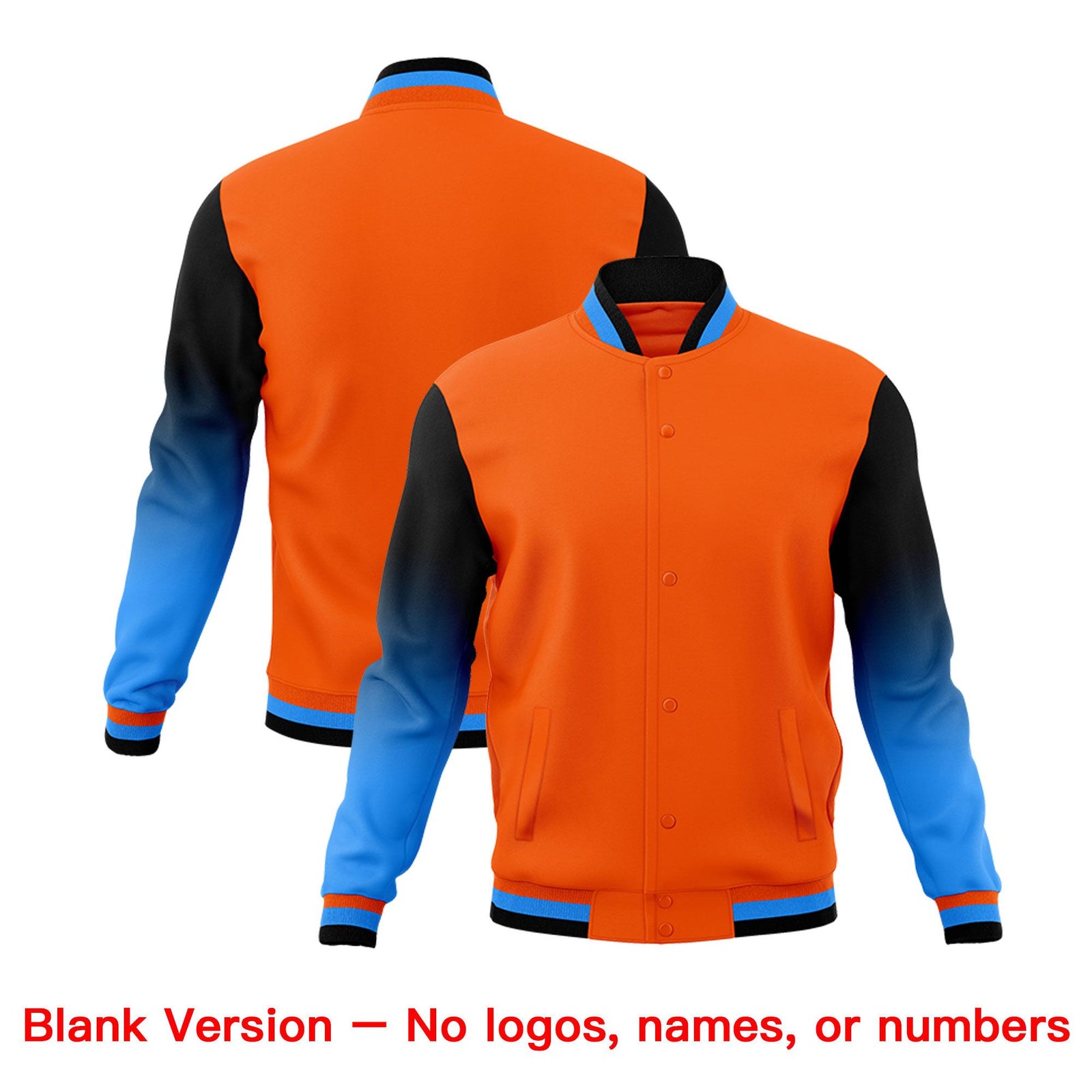 Custom Orange Powder Blue Black Full-Snap Varsity Raglan Sleeves Gradient Letterman Jacket| KXKSHOP