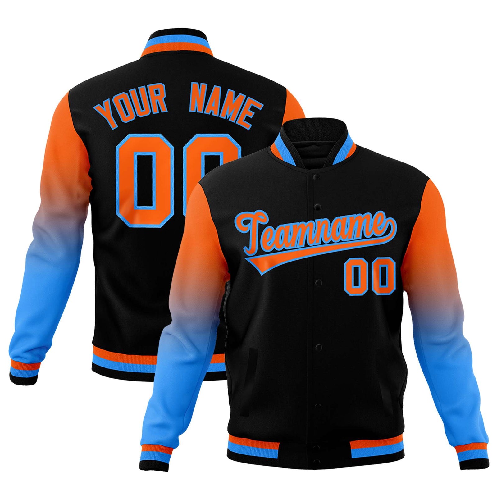 Custom Black Orange Powder Blue Full-Snap Varsity Raglan Sleeves Gradient Letterman Jacket| KXKSHOP