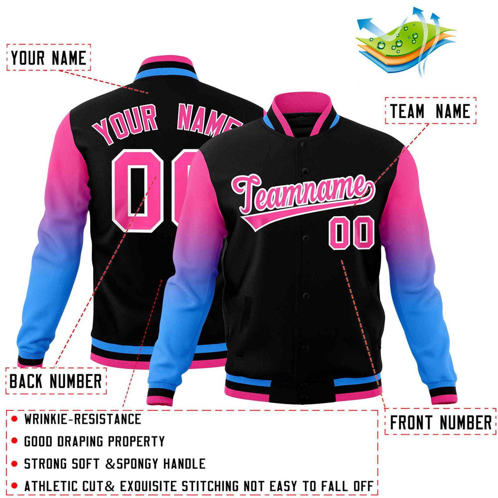 Custom Black Pink White Full-Snap Varsity Raglan Sleeves Gradient Letterman Jacket| KXKSHOP