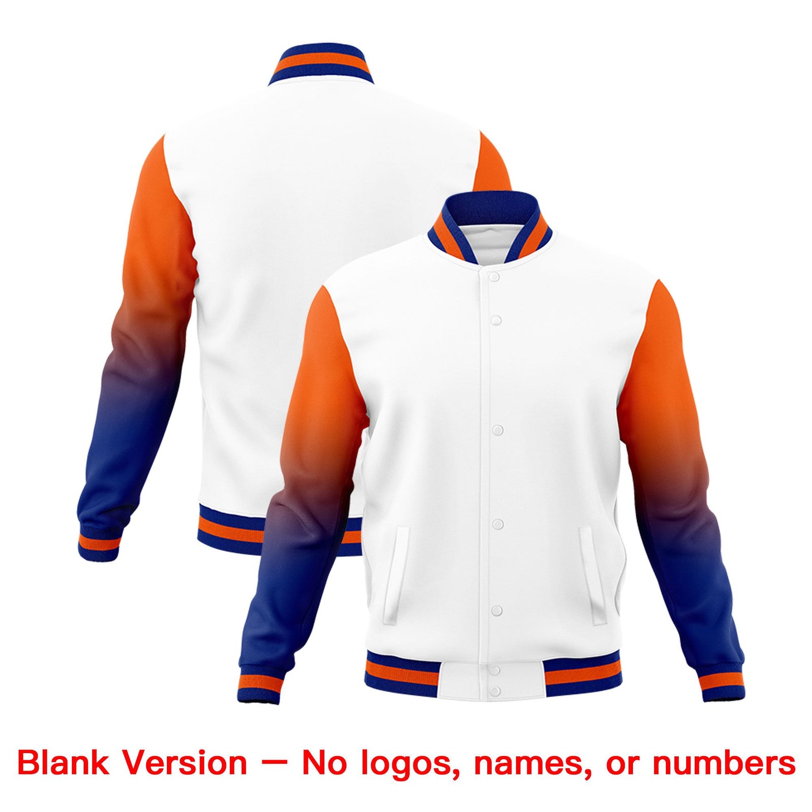 Custom White Orange Royal Blue Full-Snap Varsity Raglan Sleeves Gradient Letterman Jacket| KXKSHOP