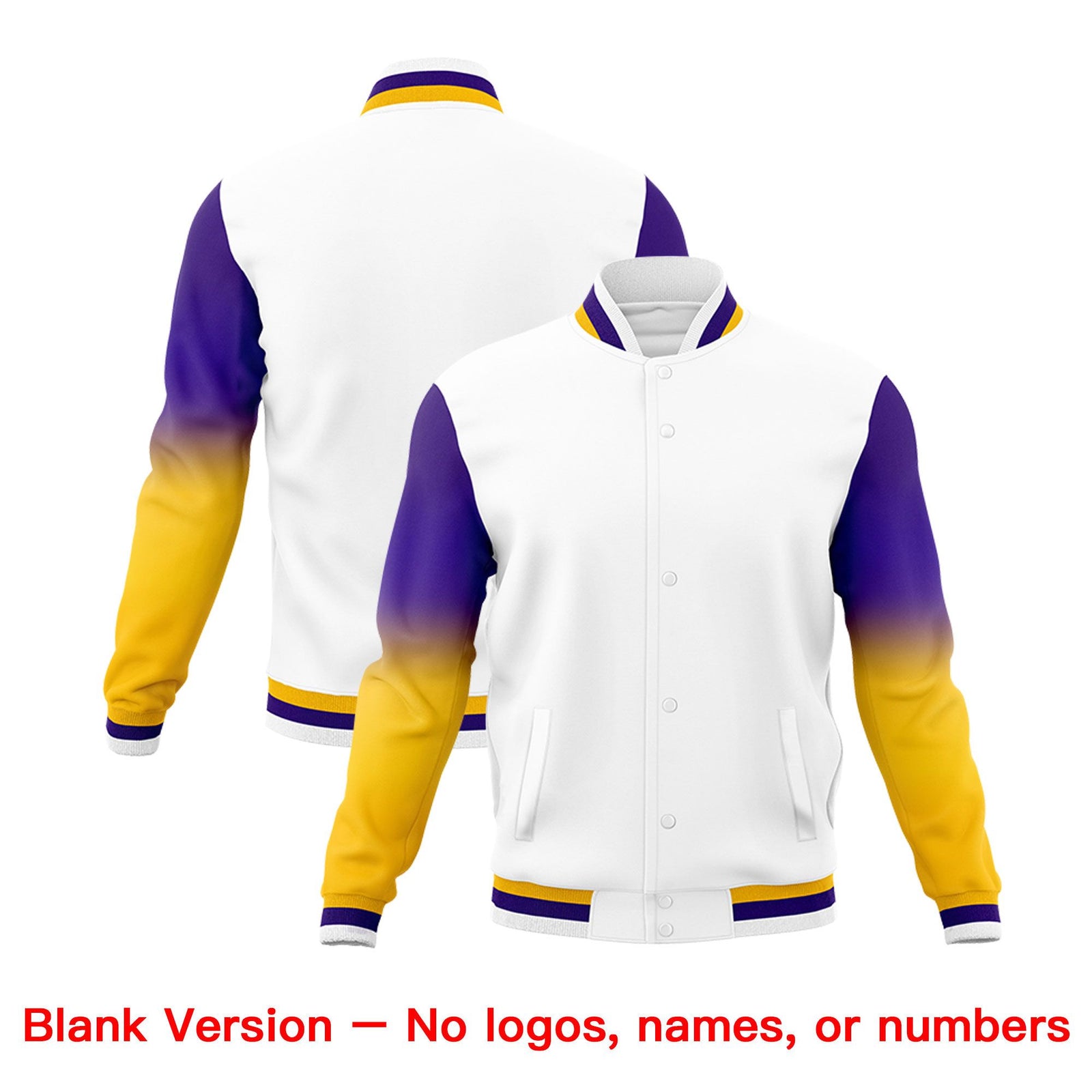 Custom White Purple Gold Full-Snap Varsity Raglan Sleeves Gradient Letterman Jacket| KXKSHOP