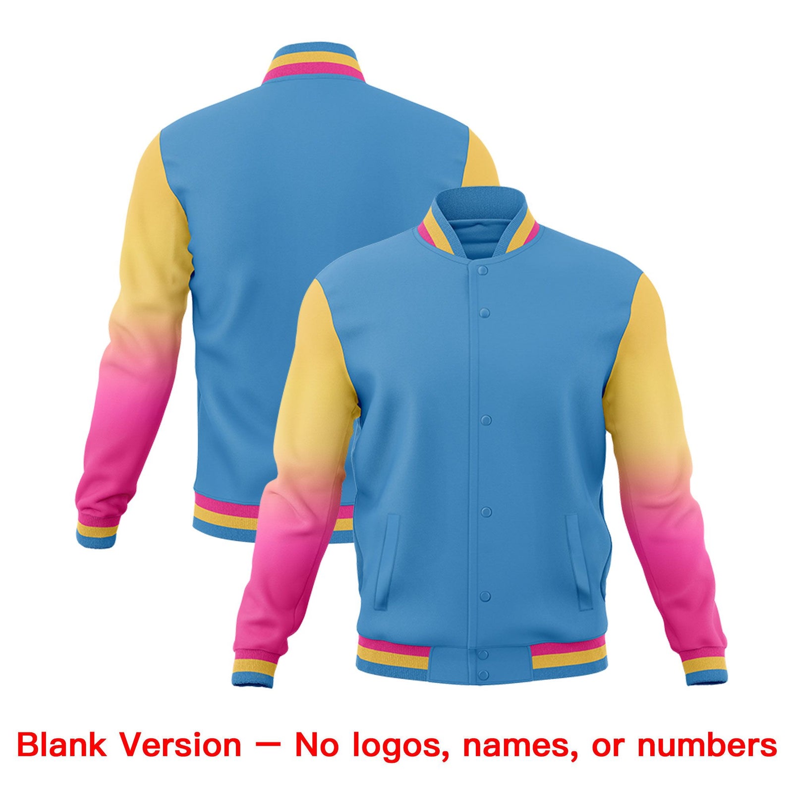 Custom Light blue Pink Cream Full-Snap Varsity Raglan Sleeves Gradient Letterman Jacket| KXKSHOP