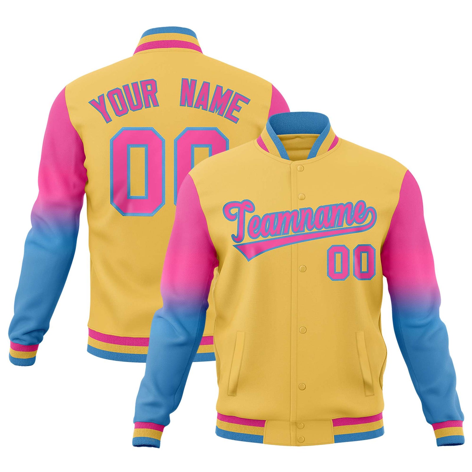 Custom Khaki Pink Light blue Full-Snap Varsity Raglan Sleeves Gradient Letterman Jacket| KXKSHOP