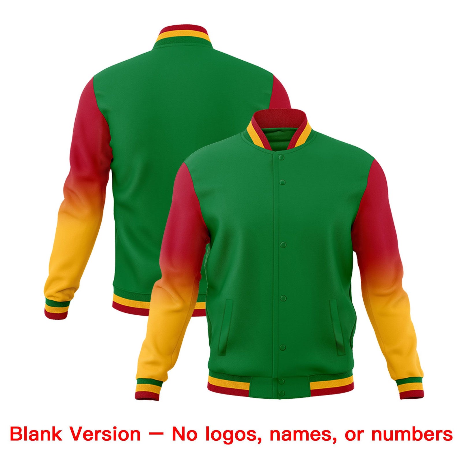 Custom Kelly Green Gold White Full-Snap Varsity Raglan Sleeves Gradient Letterman Jacket| KXKSHOP