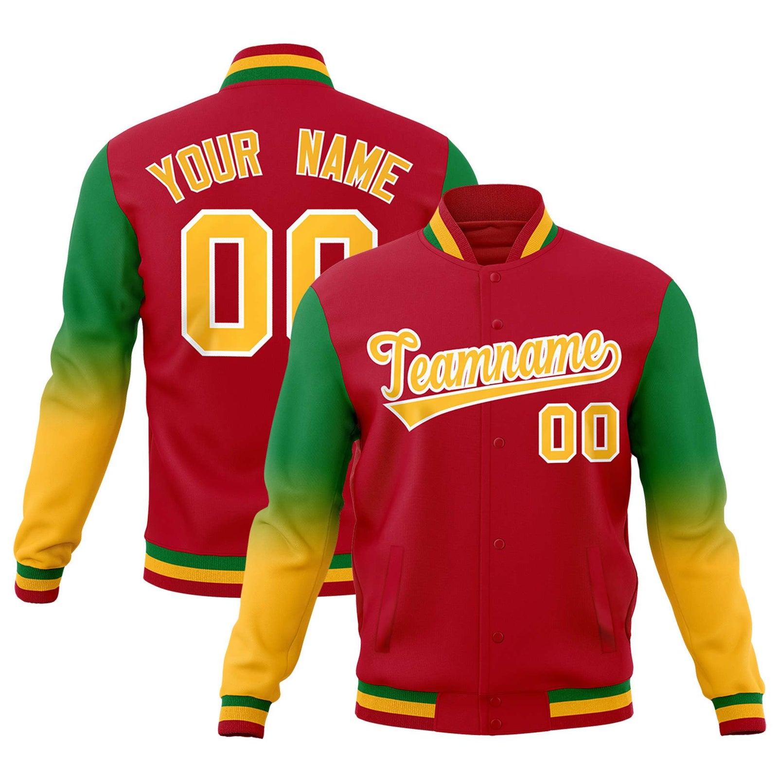 Custom Red Gold White Full-Snap Varsity Raglan Sleeves Gradient Letterman Jacket| KXKSHOP