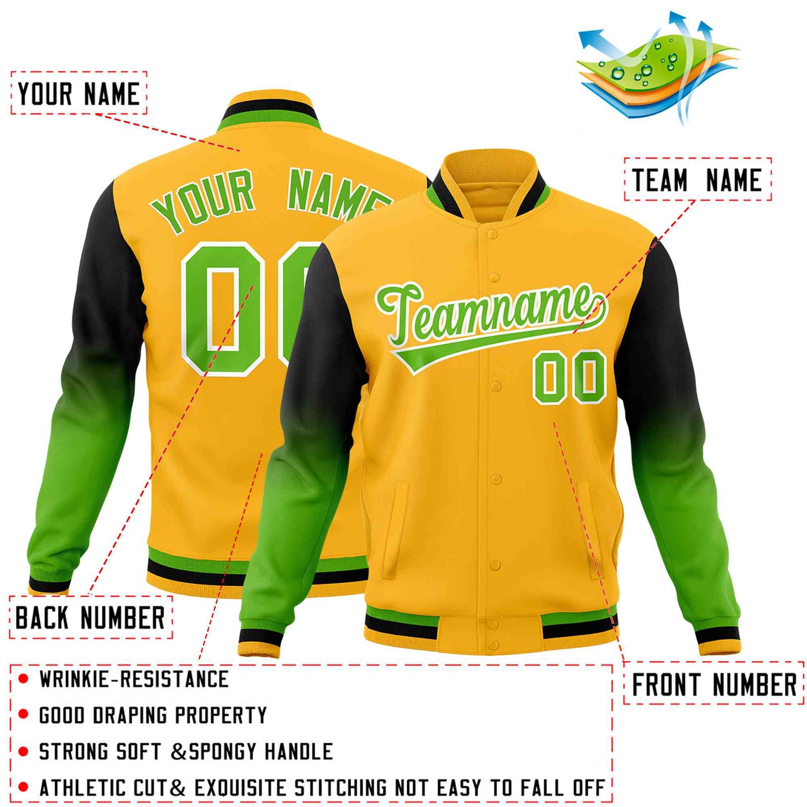 Custom Gold Green White Full-Snap Varsity Raglan Sleeves Gradient Letterman Jacket| KXKSHOP