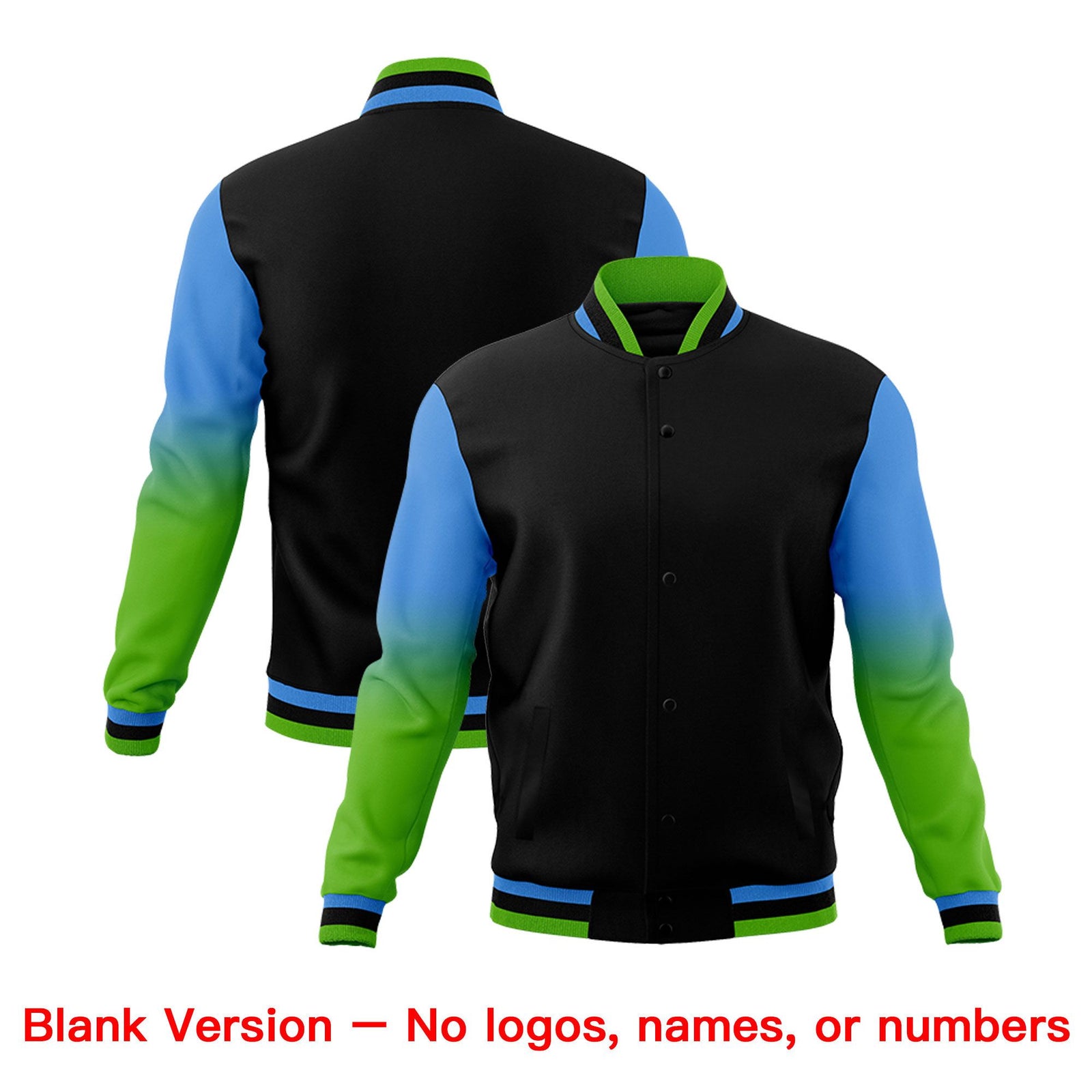 Custom Black Powder Blue White Full-Snap Varsity Raglan Sleeves Gradient Letterman Jacket| KXKSHOP