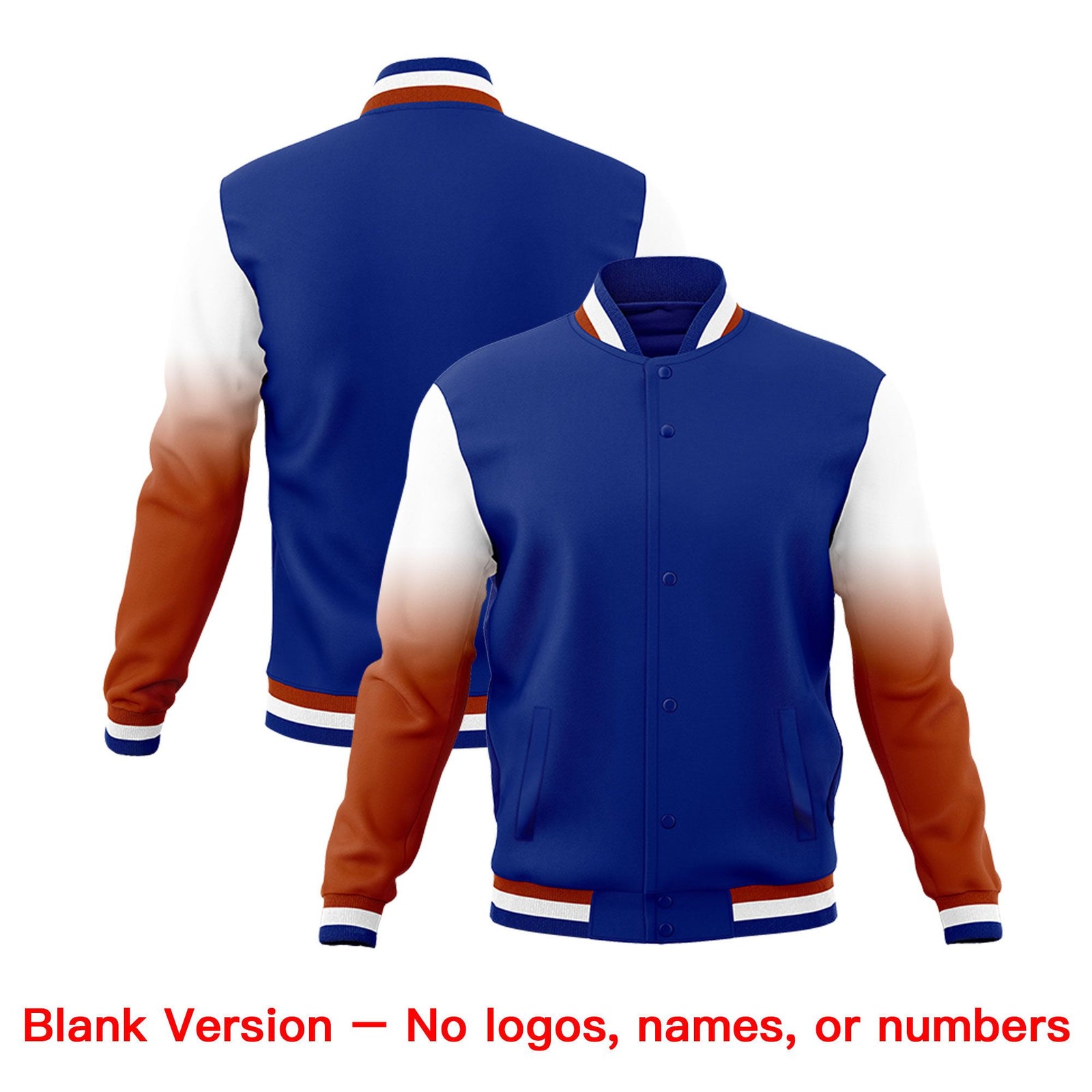 Custom Royal Blue Dark Orange White Full-Snap Varsity Raglan Sleeves Gradient Letterman Jacket| KXKSHOP