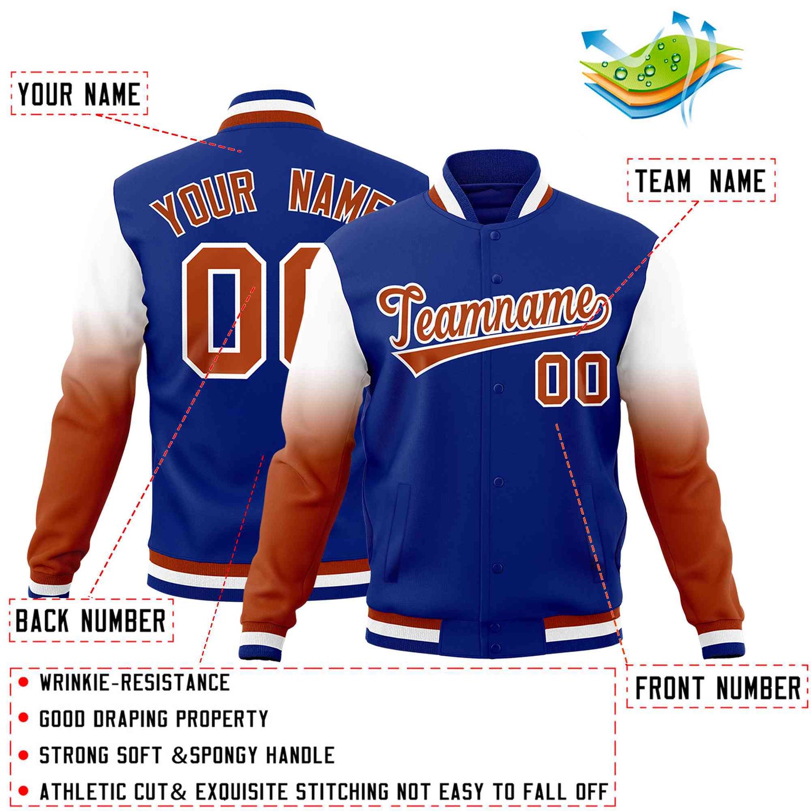 Custom Royal Blue Dark Orange White Full-Snap Varsity Raglan Sleeves Gradient Letterman Jacket| KXKSHOP