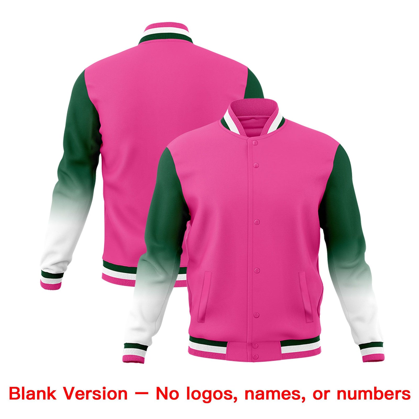 Custom Pink Green White Full-Snap Varsity Raglan Sleeves Gradient Letterman Jacket| KXKSHOP