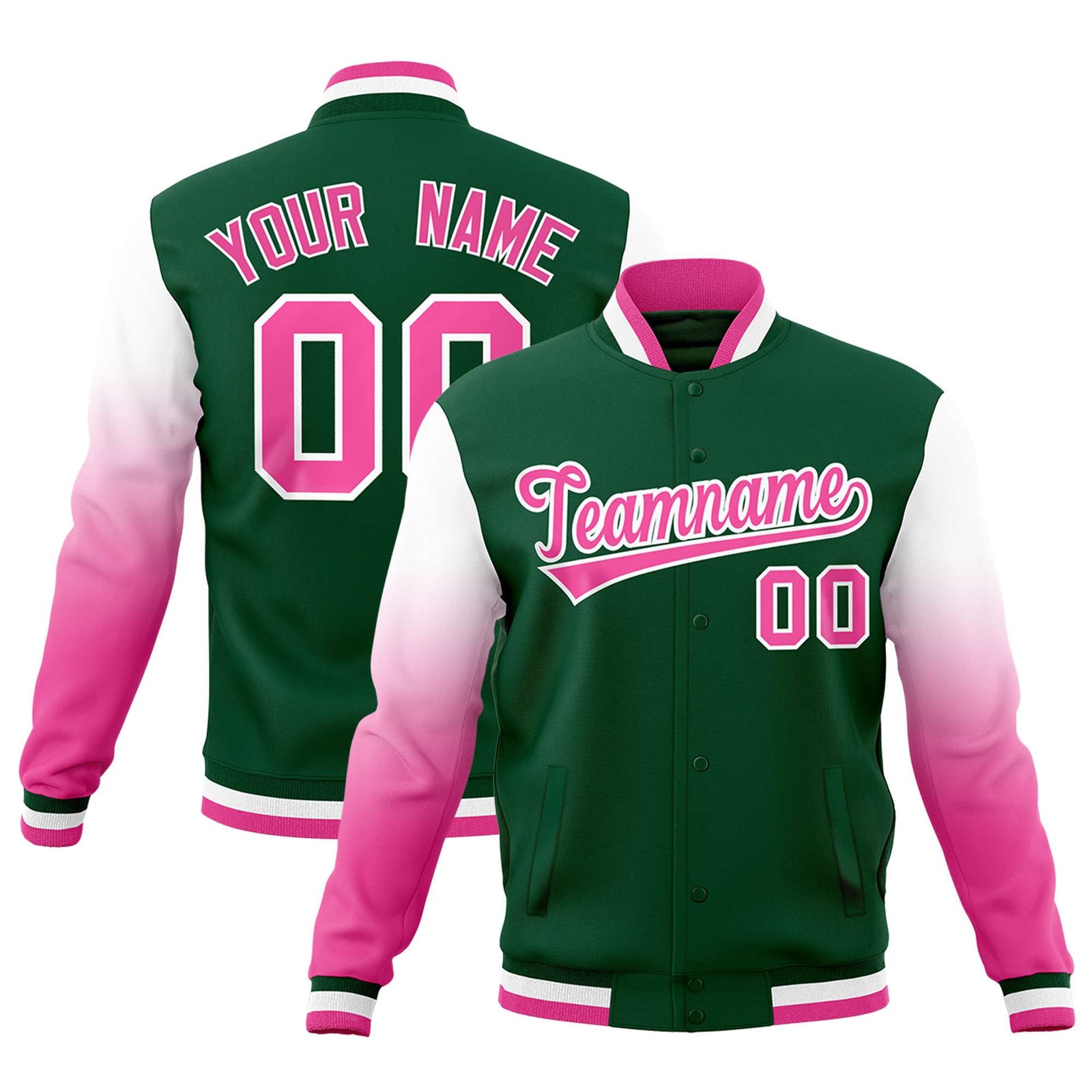 Custom Green Pink White Full-Snap Varsity Raglan Sleeves Gradient Letterman Jacket| KXKSHOP