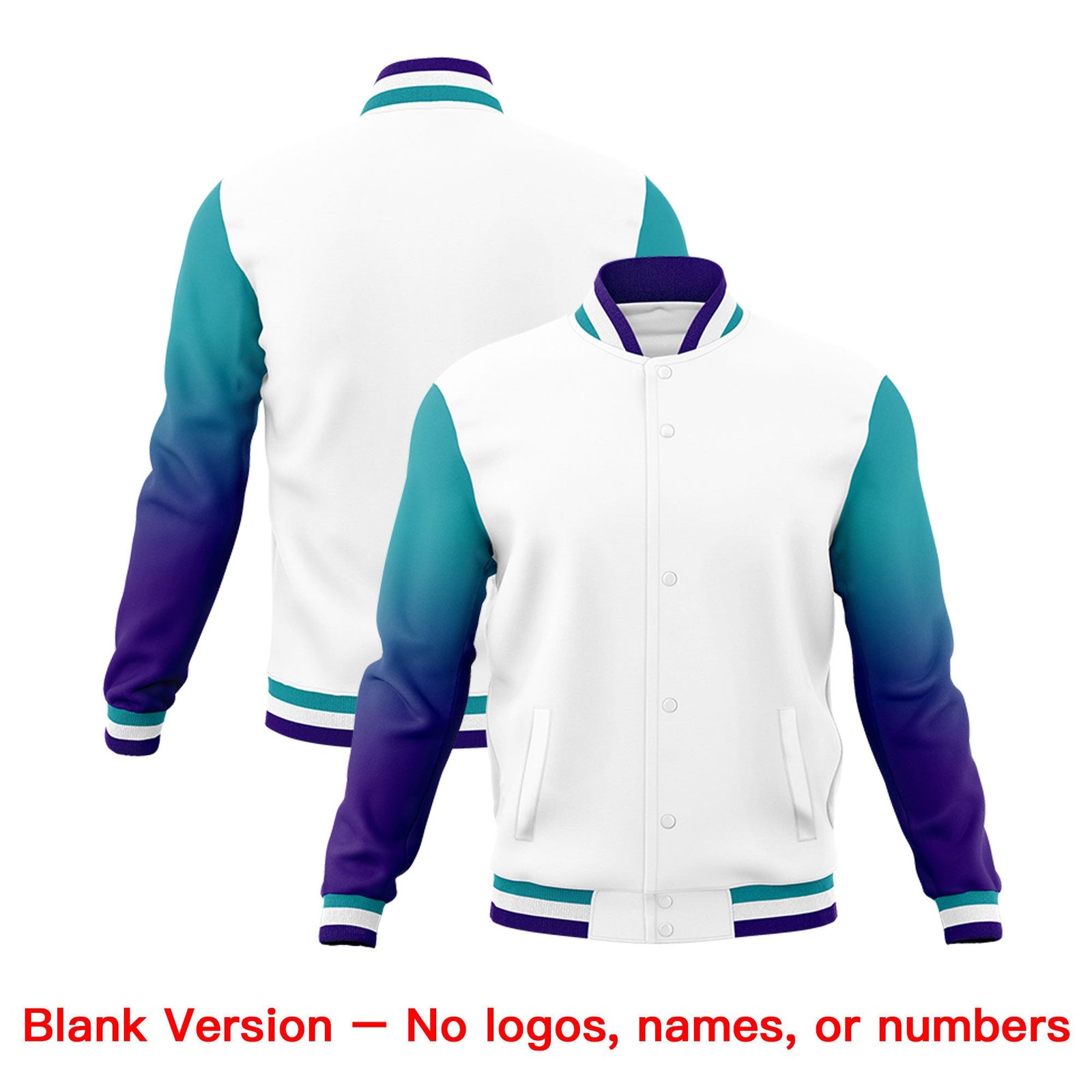 Custom White Aqua Purple Full-Snap Varsity Raglan Sleeves Gradient Letterman Jacket| KXKSHOP