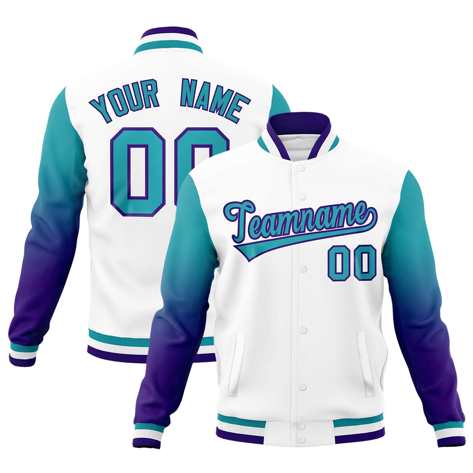 Custom White Aqua Purple Full-Snap Varsity Raglan Sleeves Gradient Letterman Jacket| KXKSHOP