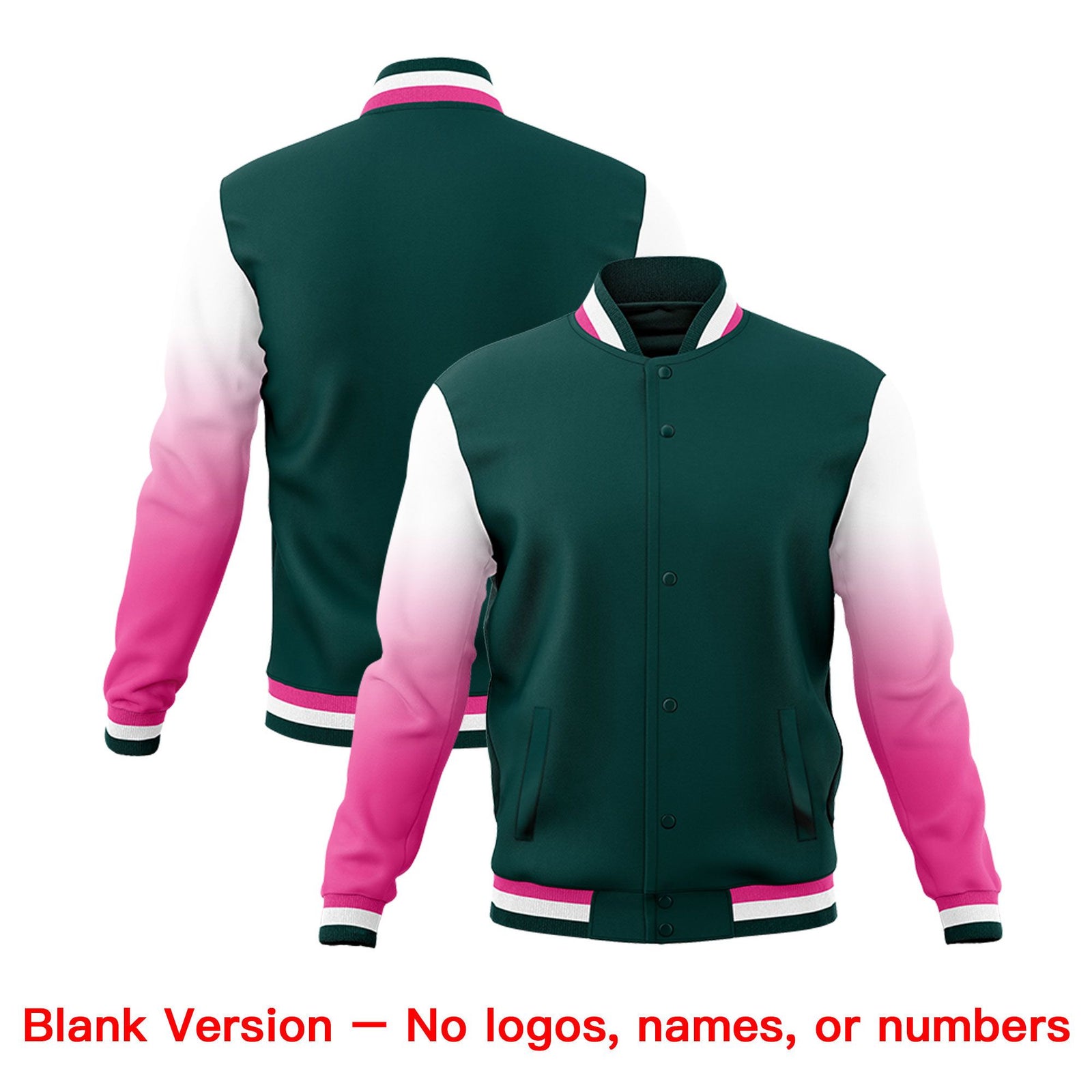 Custom Midnight Green Pink White Full-Snap Varsity Raglan Sleeves Gradient Letterman Jacket| KXKSHOP