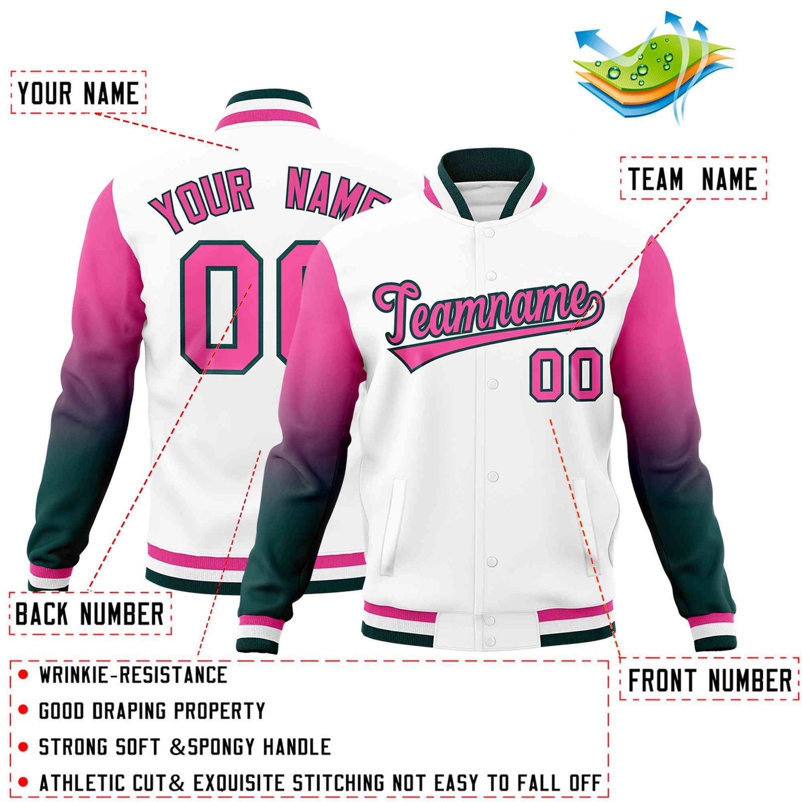 Custom White Pink Midnight Green Full-Snap Varsity Raglan Sleeves Gradient Letterman Jacket| KXKSHOP