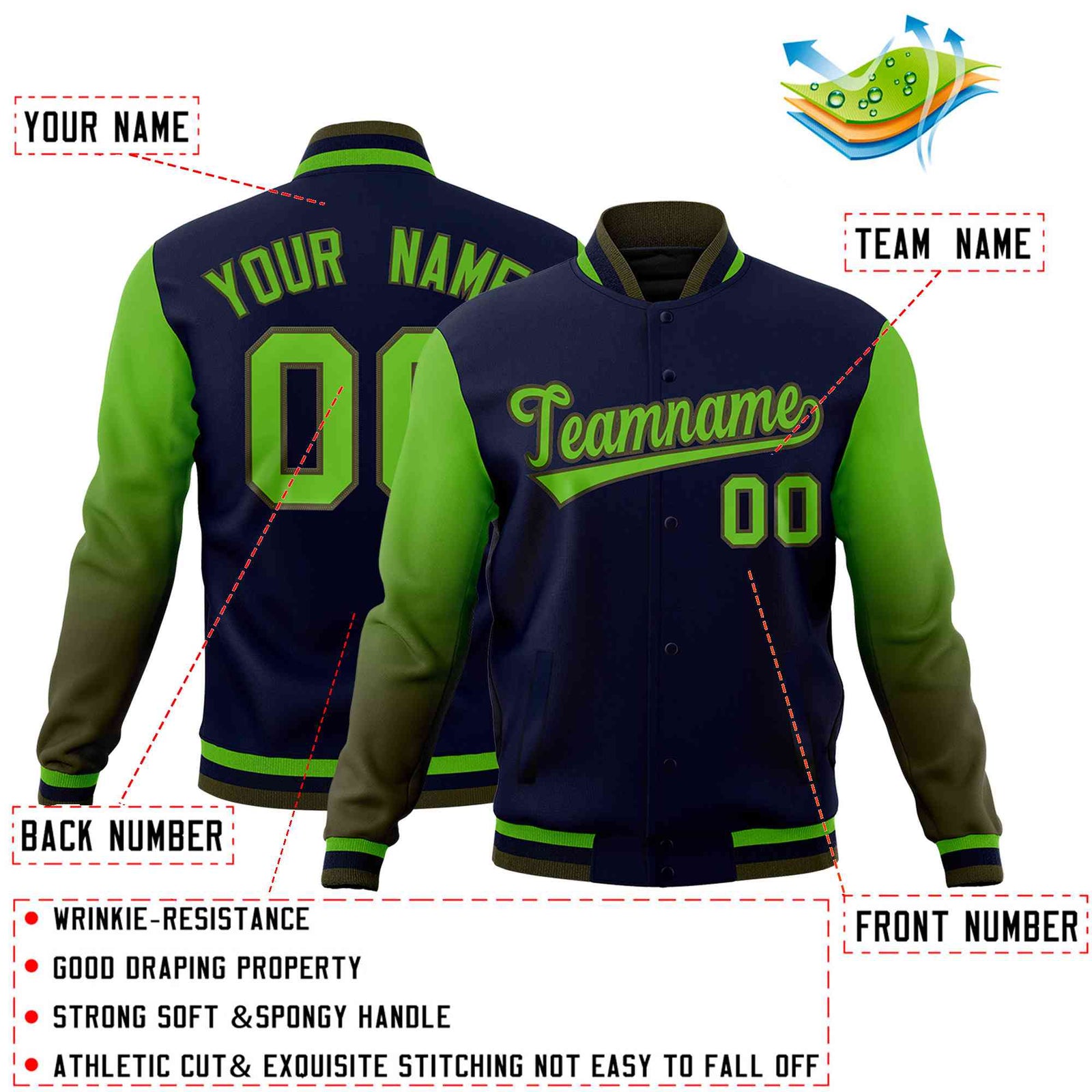 Custom Navy Green Olive Full-Snap Varsity Raglan Sleeves Gradient Letterman Jacket| KXKSHOP