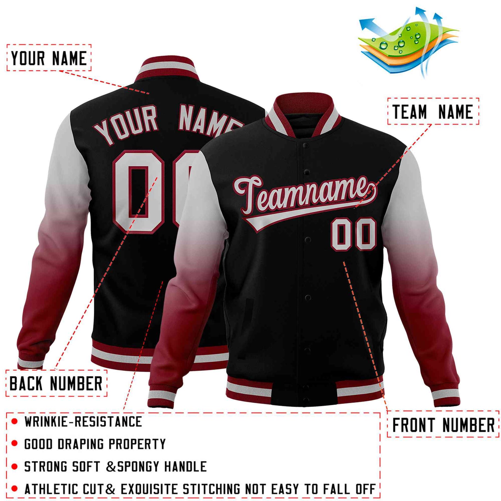 Custom Black Gray Crimson Full-Snap Varsity Raglan Sleeves Gradient Letterman Jacket| KXKSHOP
