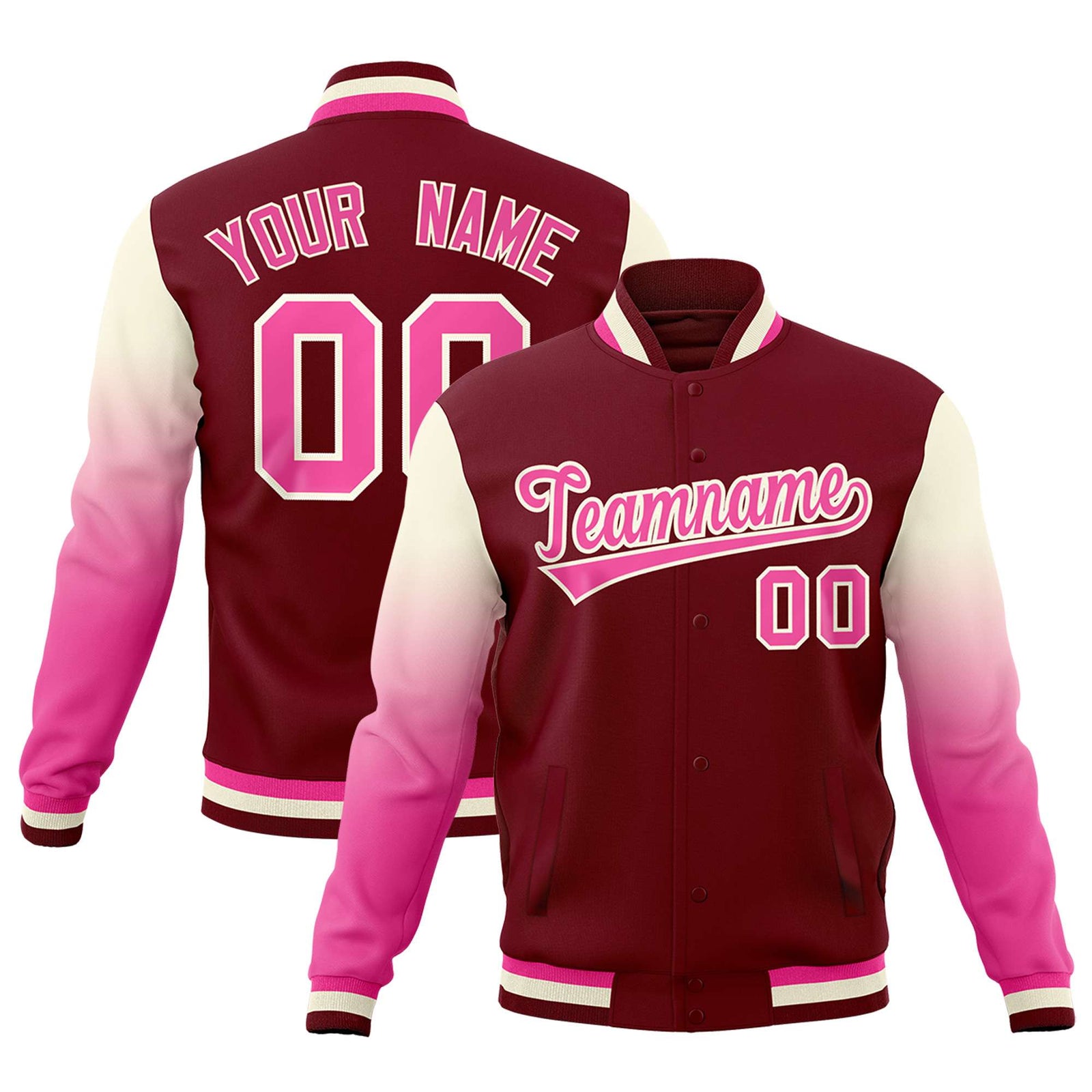 Custom Crimson Pink Cream Full-Snap Varsity Raglan Sleeves Gradient Letterman Jacket| KXKSHOP