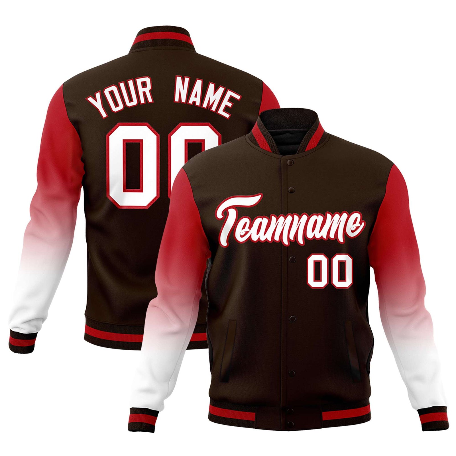 Custom Brown White Red Full-Snap Varsity Raglan Sleeves Gradient Letterman Jacket