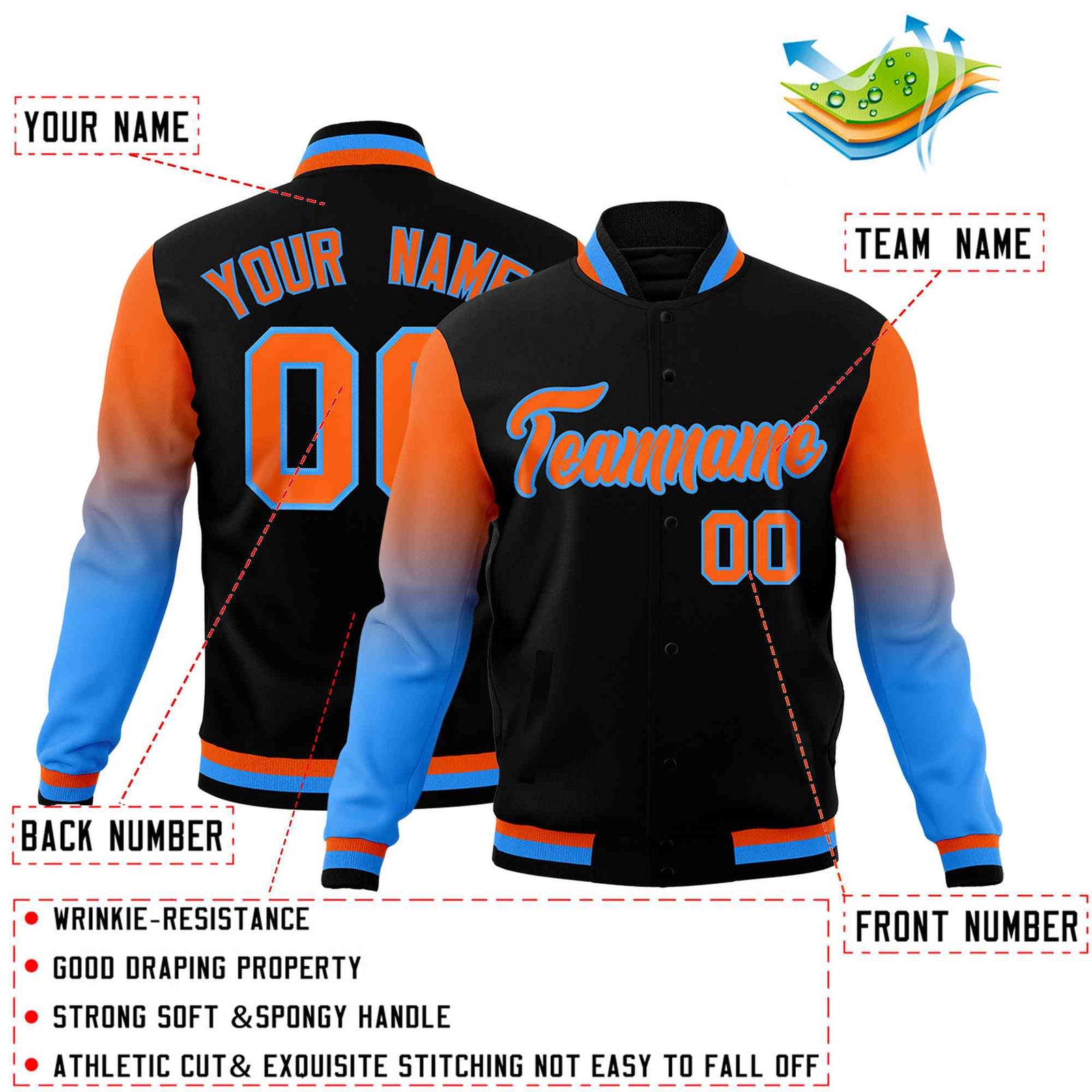 Custom Black Orange Powder Blue Full-Snap Varsity Raglan Sleeves Gradient Letterman Jacket