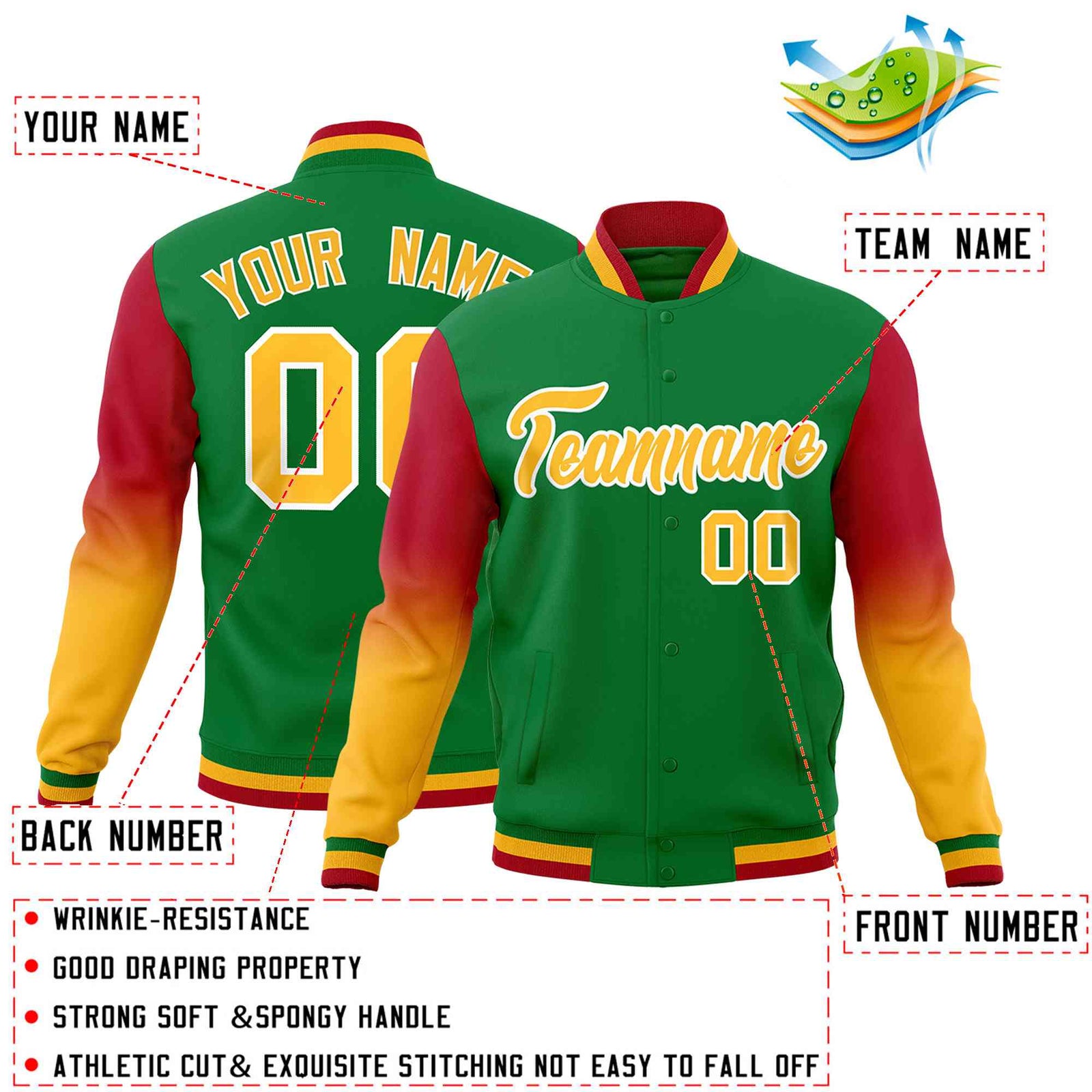 Custom Kelly Green Gold White Full-Snap Varsity Raglan Sleeves Gradient Letterman Jacket