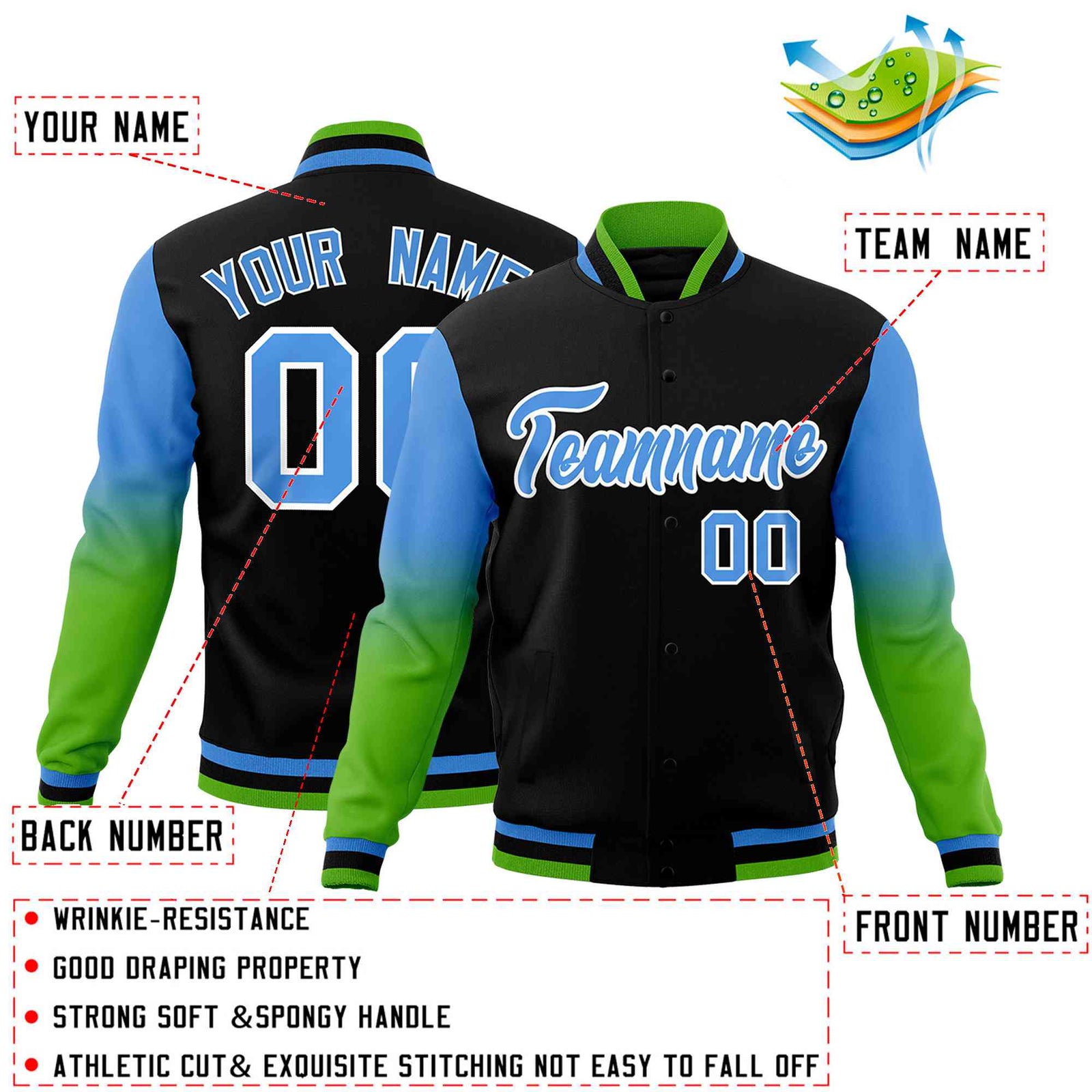 Custom Black Powder Blue White Full-Snap Varsity Raglan Sleeves Gradient Letterman Jacket