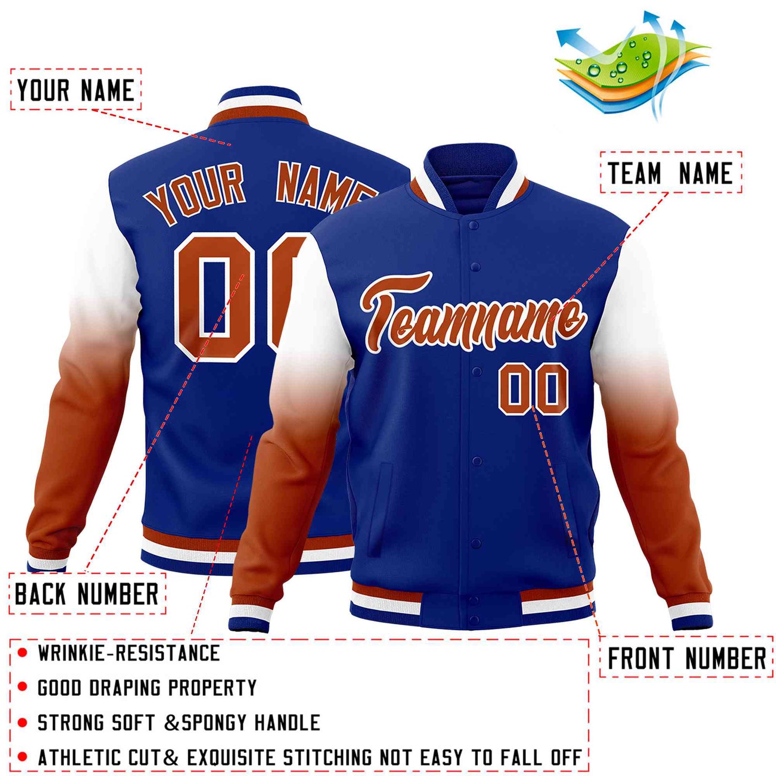Custom Royal Blue Dark Orange White Full-Snap Varsity Raglan Sleeves Gradient Letterman Jacket