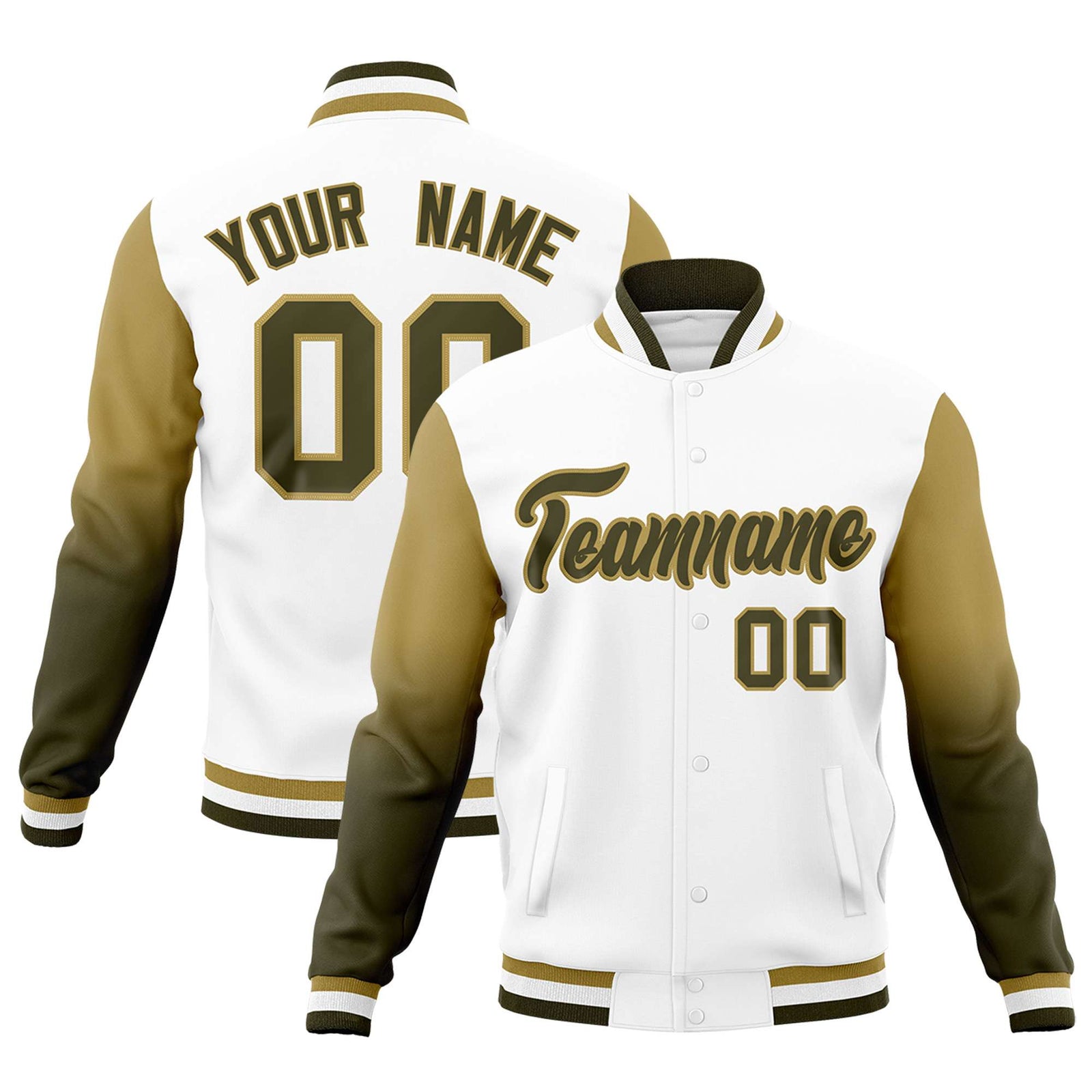Custom White Olive Desert Yellow Full-Snap Varsity Raglan Sleeves Gradient Letterman Jacket