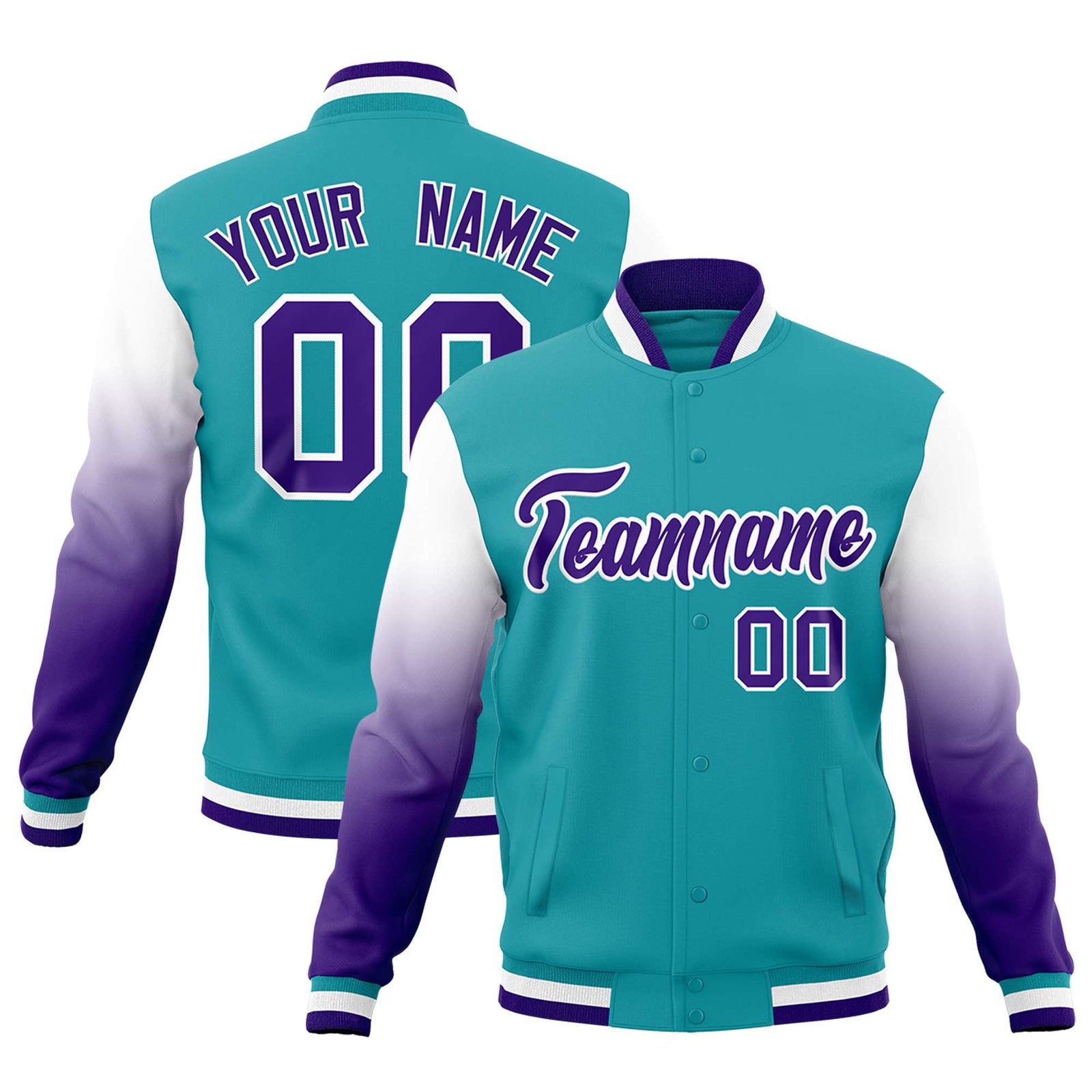 Custom Aqua Purple White Full-Snap Varsity Raglan Sleeves Gradient Letterman Jacket