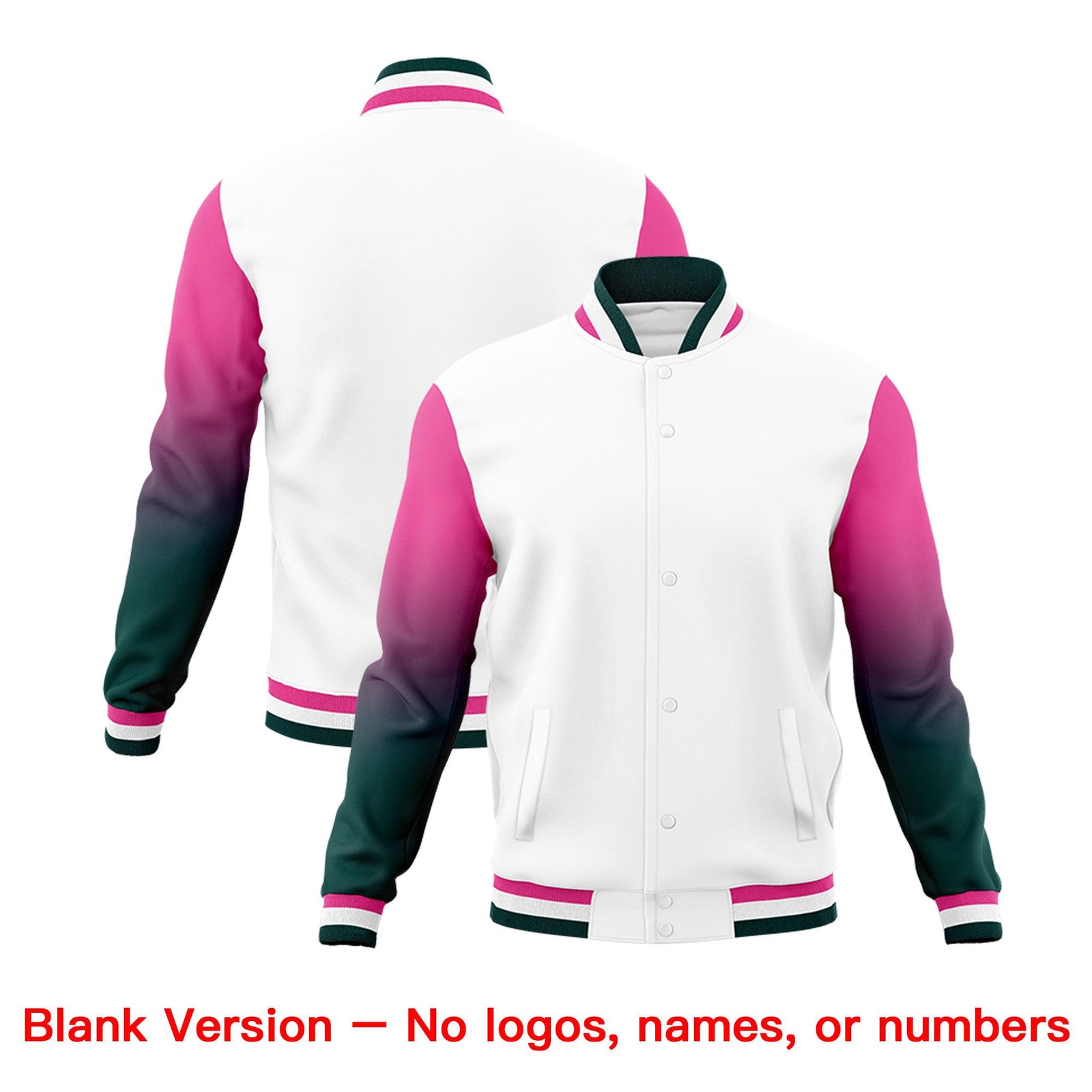 Custom White Pink Midnight Green Full-Snap Varsity Raglan Sleeves Gradient Letterman Jacket