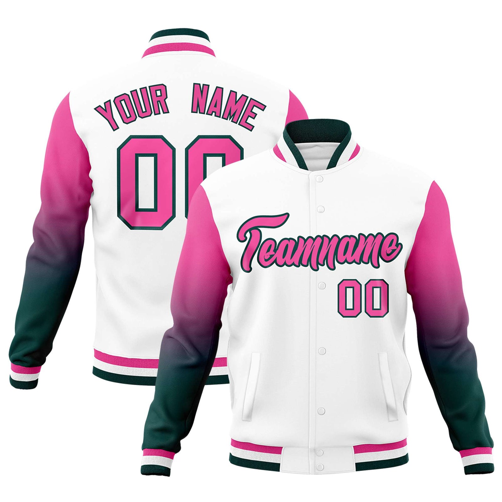 Custom White Pink Midnight Green Full-Snap Varsity Raglan Sleeves Gradient Letterman Jacket