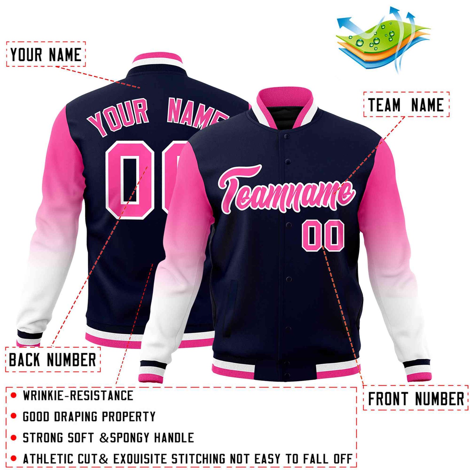 Custom Navy Pink White Full-Snap Varsity Raglan Sleeves Gradient Letterman Jacket