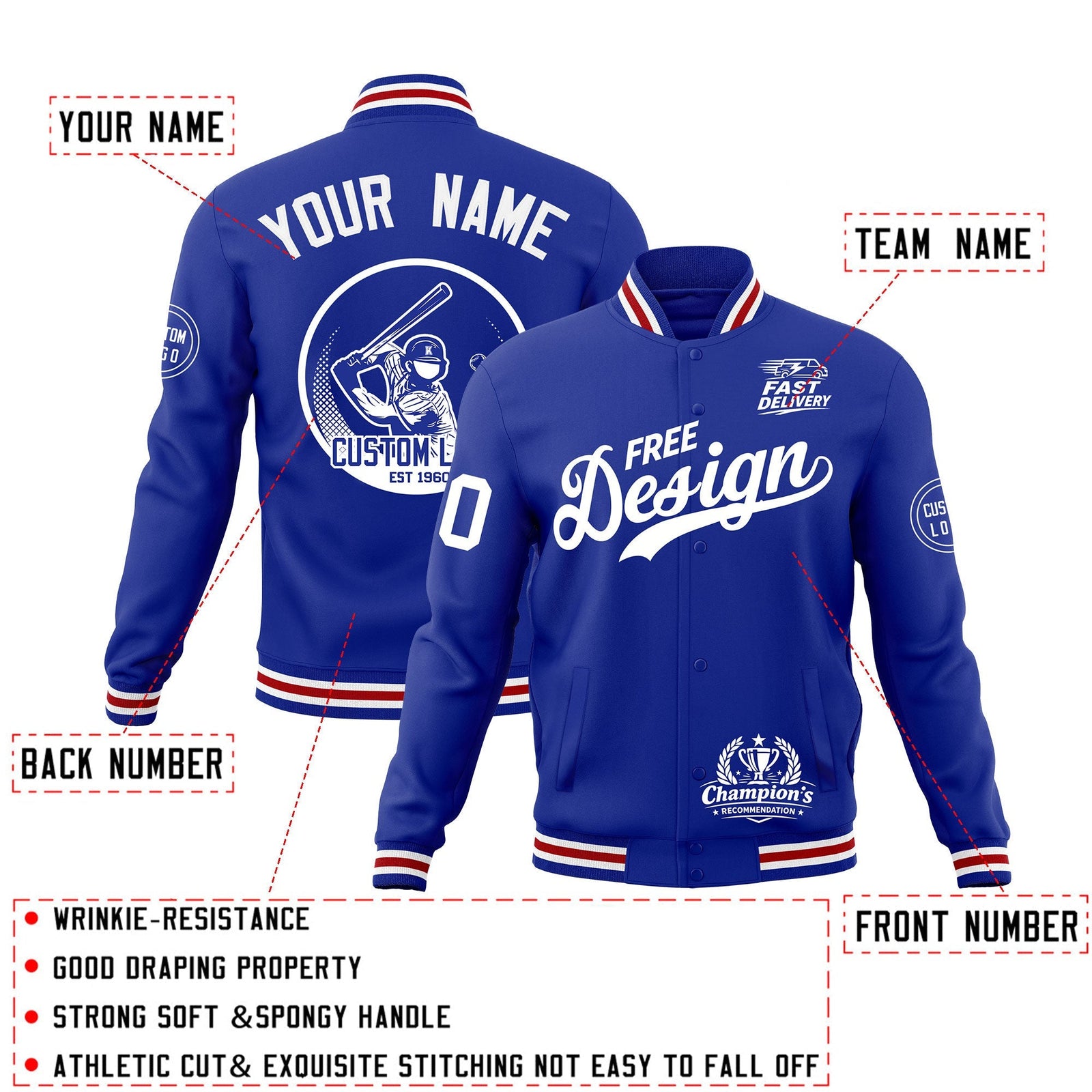 Custom Royal Blue White Red Classic Style Full-Snap Breathable Jacket| KXKSHOP
