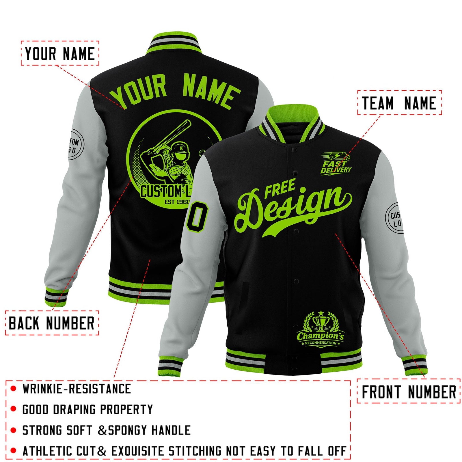 Custom Black Green Gray Classic Style Full-Snap Breathable Jacket| KXKSHOP