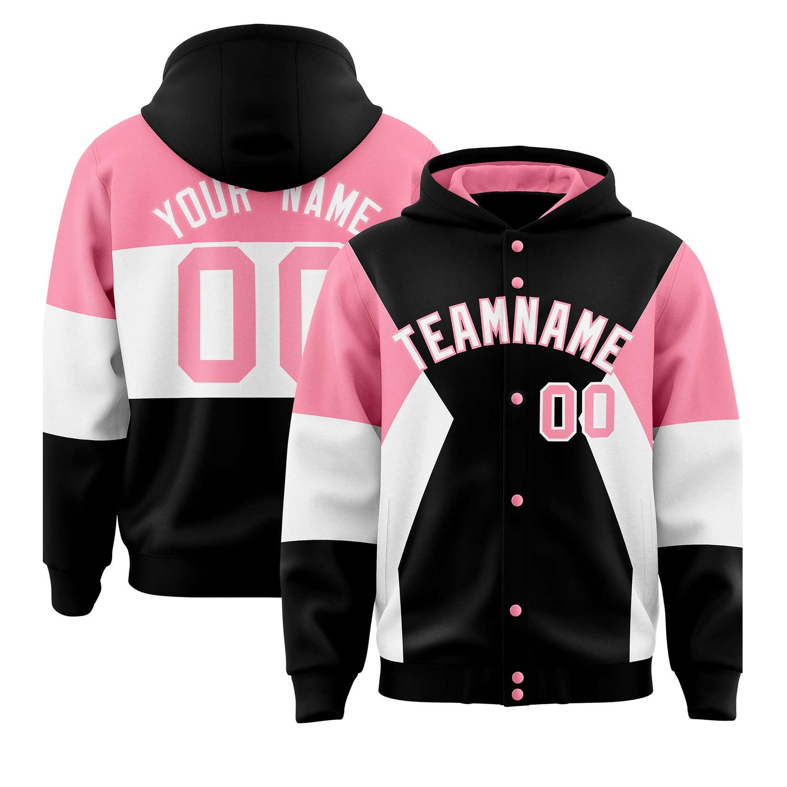Custom Black Light Pink-White Color Block Varsity Full-Snap Letterman Hoodie Jacket