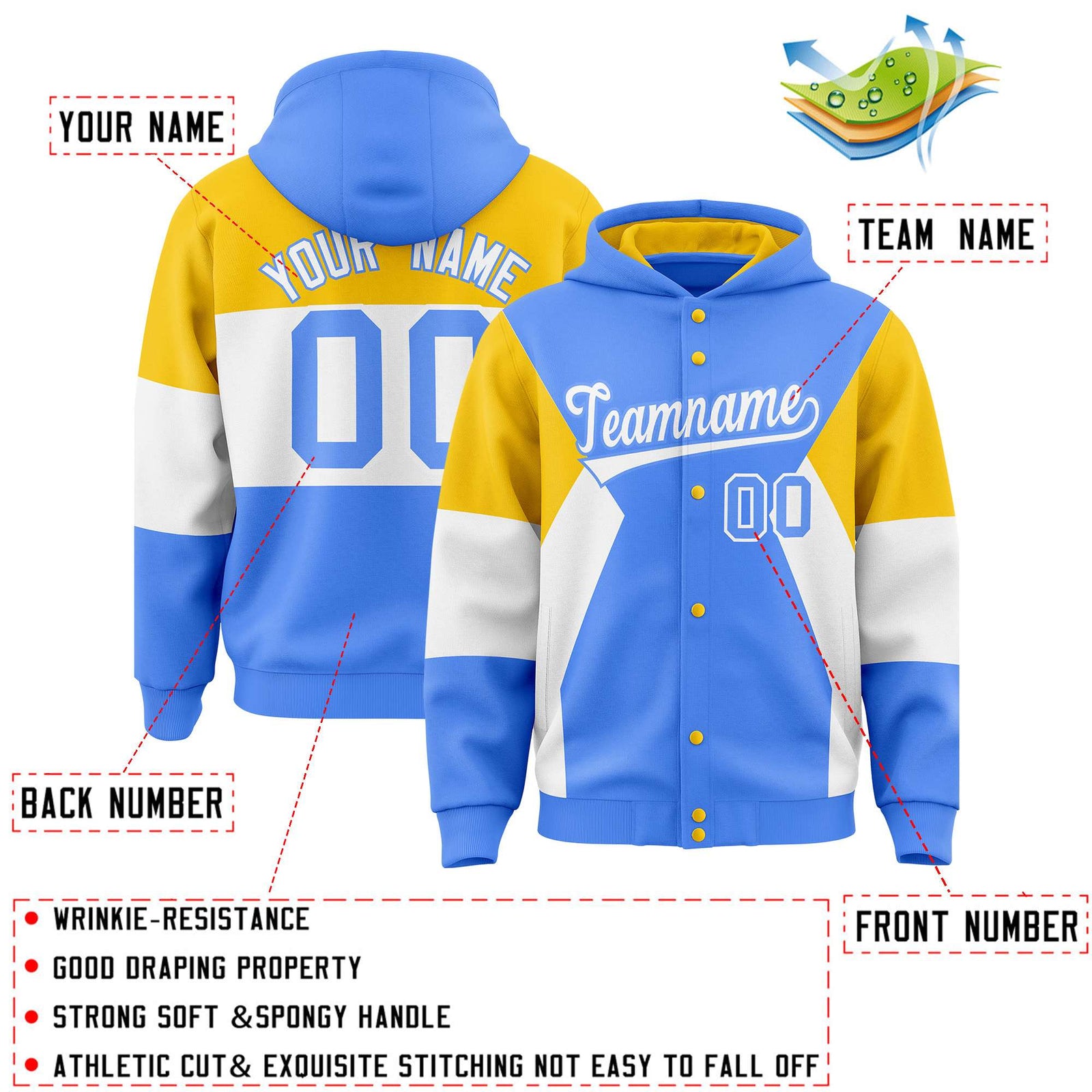 Fans-Made | Custom Powder Blue Gold-White Color Block Varsity Full-Snap Letterman Jacket Hoodie