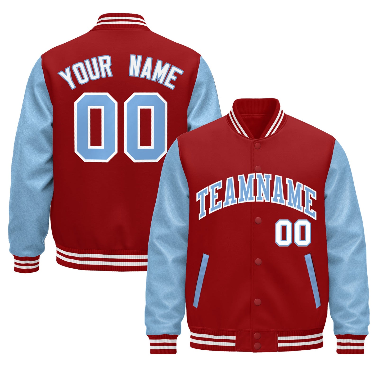 Custom Cream Light Blue Red Raglan Sleeves Varsity Full-Snap Leather Sleeves Letterman Jacket| KXKSHOP