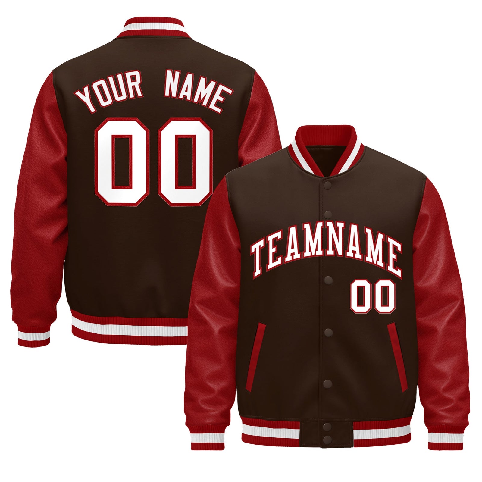 Custom Red Brown White Raglan Sleeves Varsity Full-Snap Leather Sleeves Letterman Jacket| KXKSHOP
