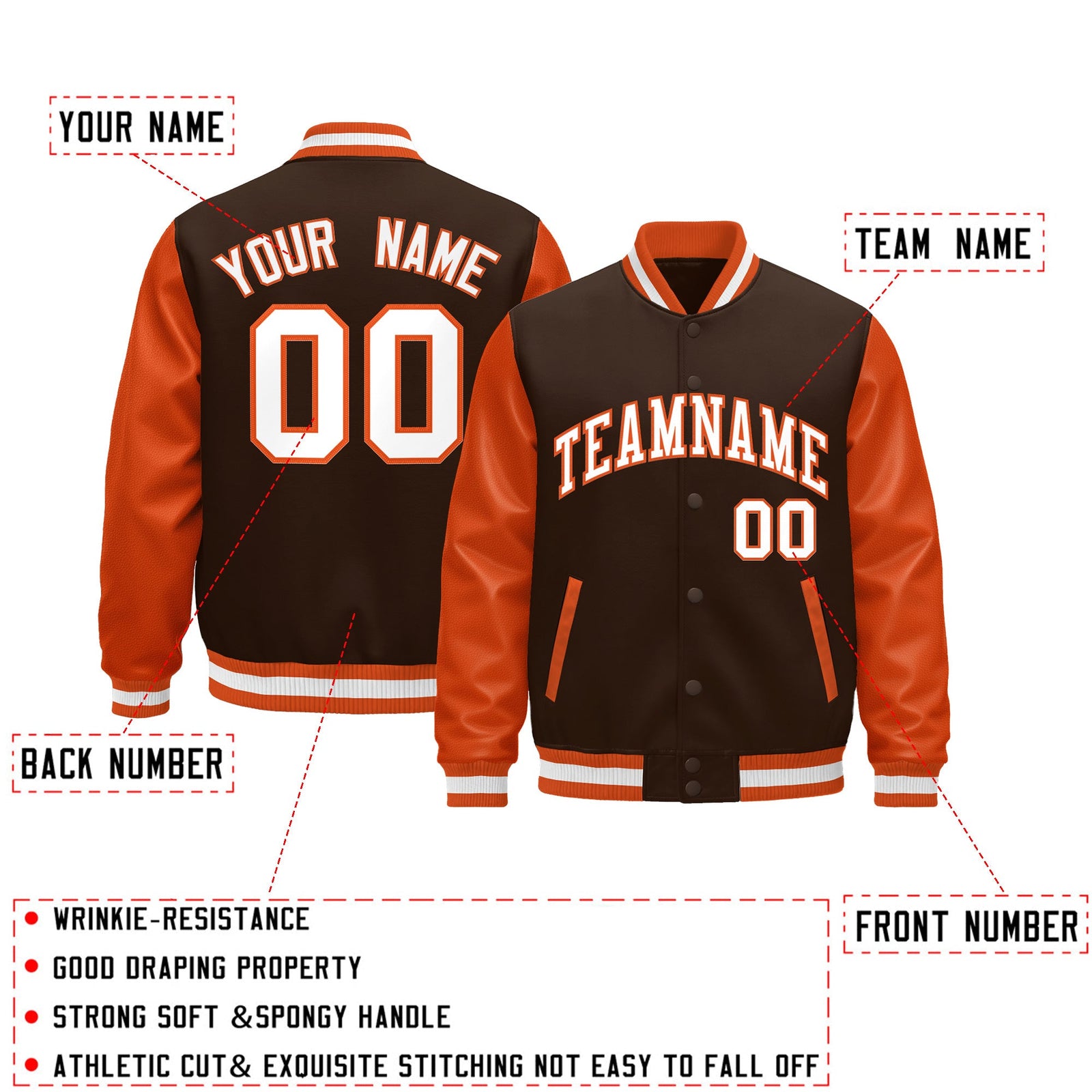 Custom Orange Brown White Raglan Sleeves Varsity Full-Snap Leather Sleeves Letterman Jacket| KXKSHOP