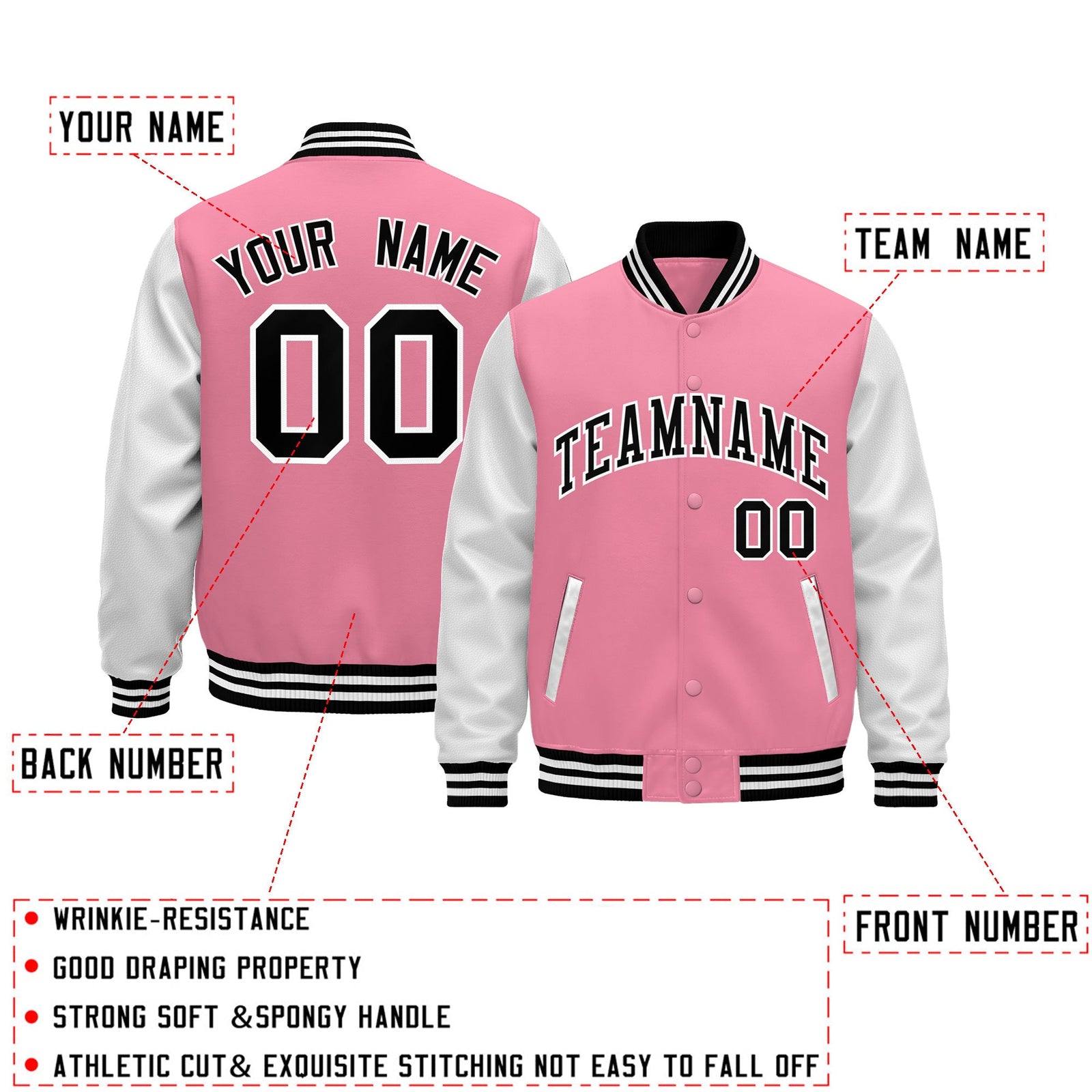 Custom Light Pink White Black Raglan Sleeves Varsity Full-Snap Leather Sleeves Letterman Jacket| KXKSHOP
