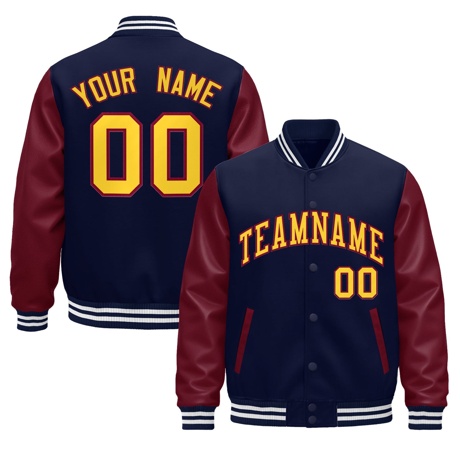 Custom Navy Burgundy Gold White Raglan Sleeves Varsity Full-Snap Leather Sleeves Letterman Jacket| KXKSHOP